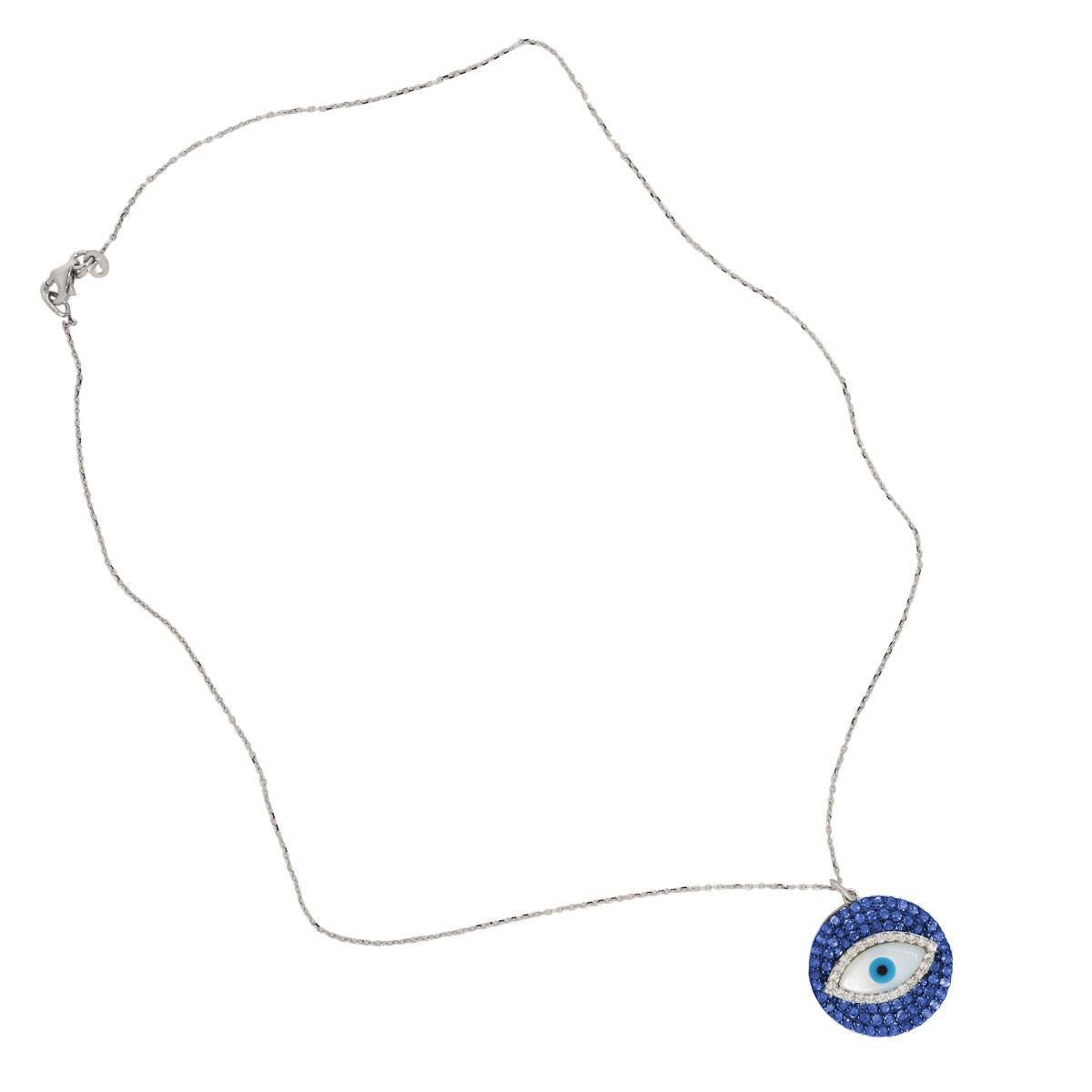 Round Cut Sapphire and Diamond Evil Eye Pendant Necklace