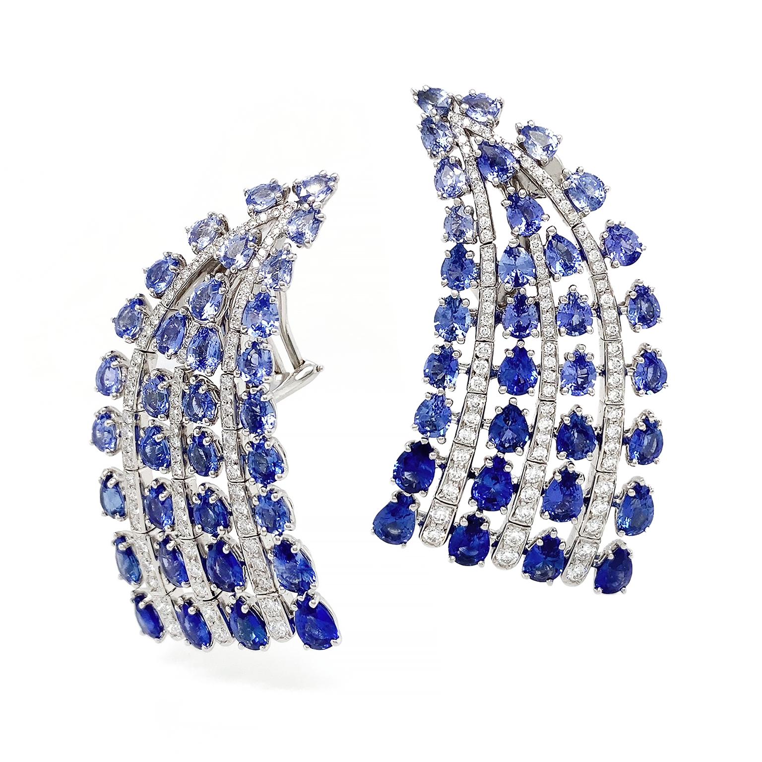 Modern Sapphire and Diamond 18K White Gold Fan Earrings For Sale