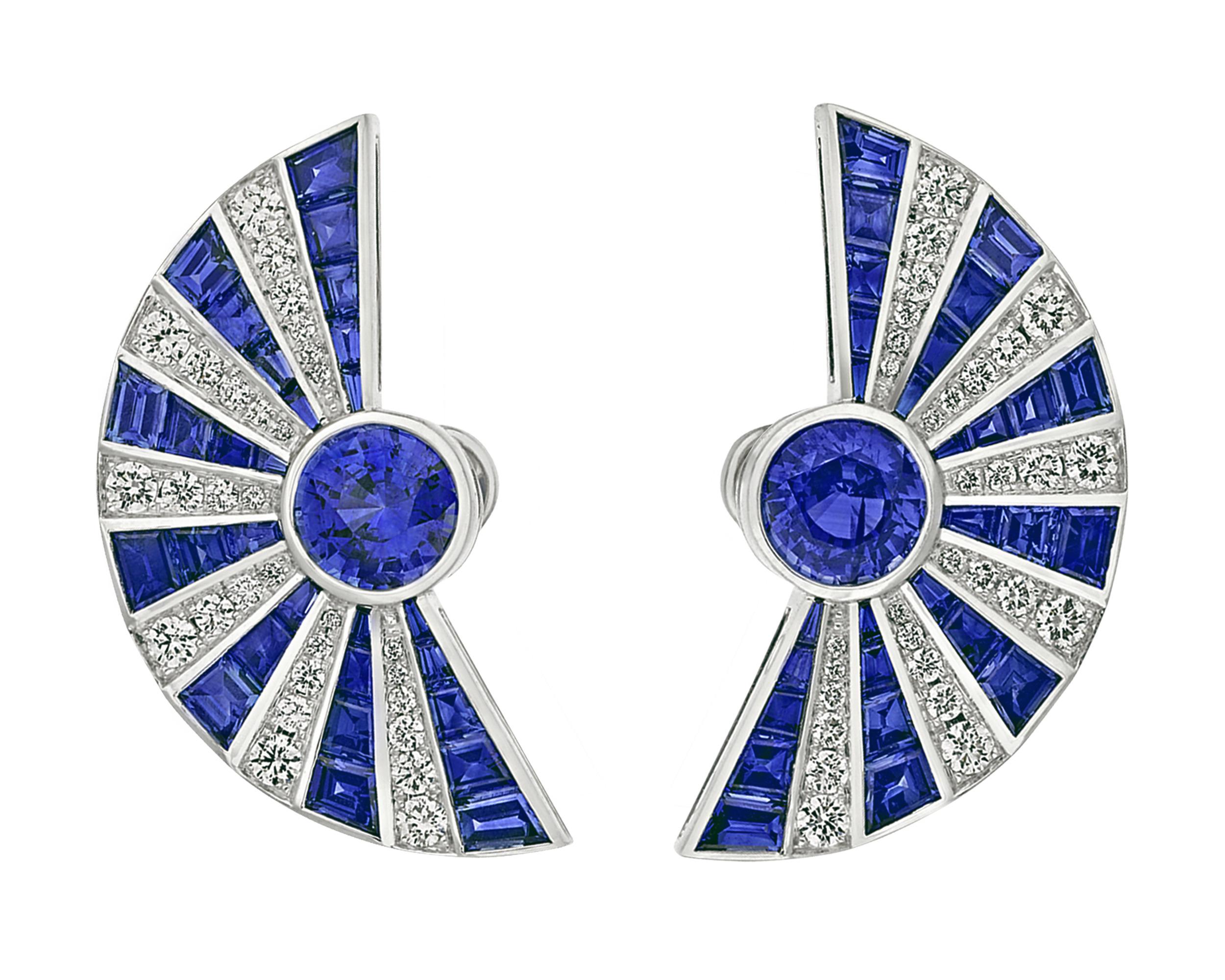 Modern Sapphire and Diamond Fan Earrings