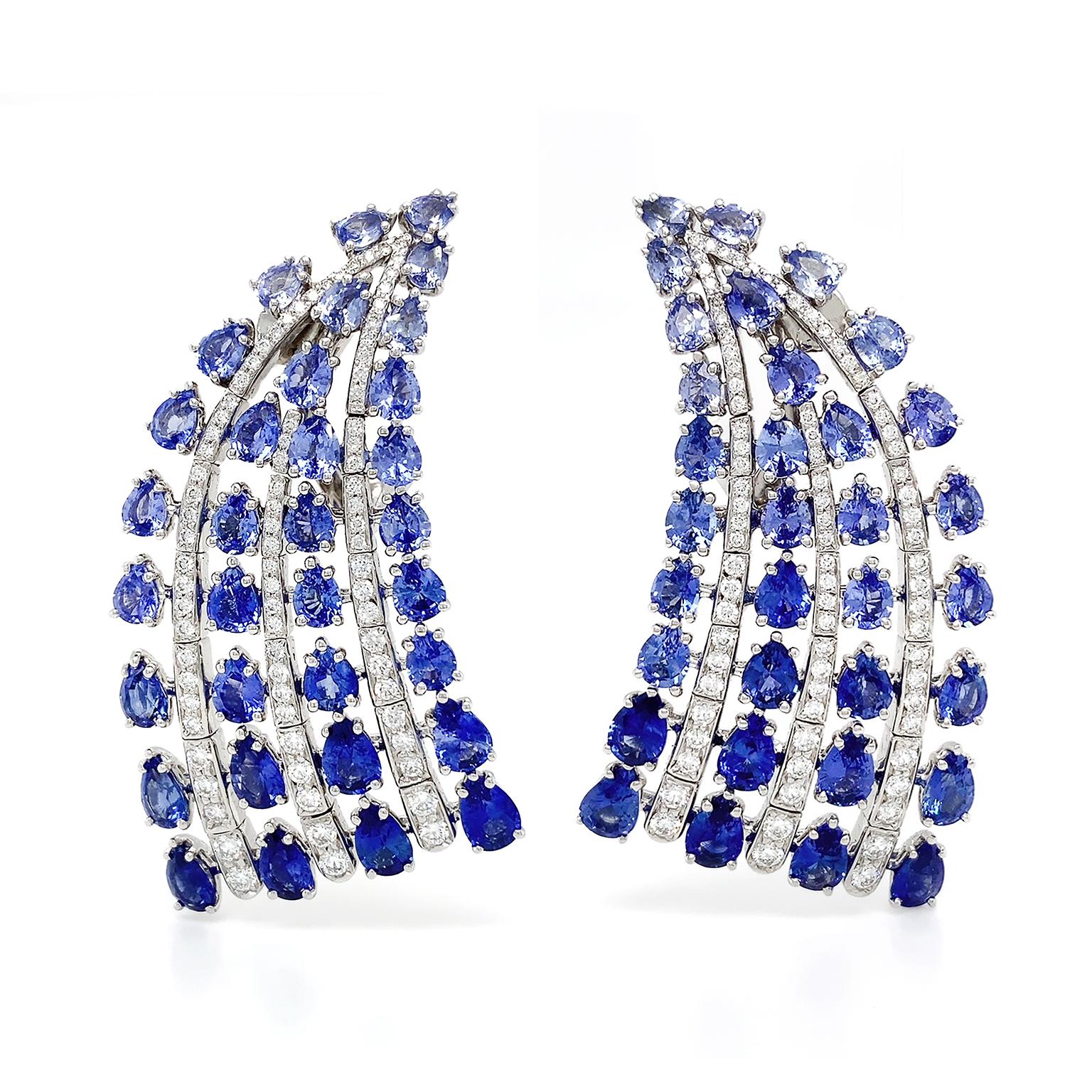 Brilliant Cut Sapphire and Diamond 18K White Gold Fan Earrings For Sale