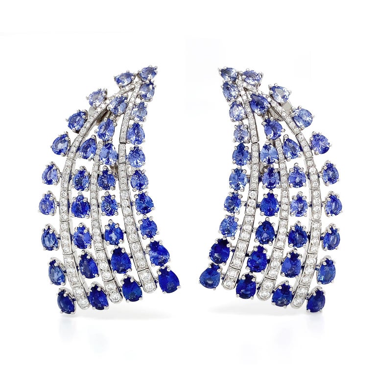 Brilliant Cut Sapphire and Diamond Fan Earrings For Sale