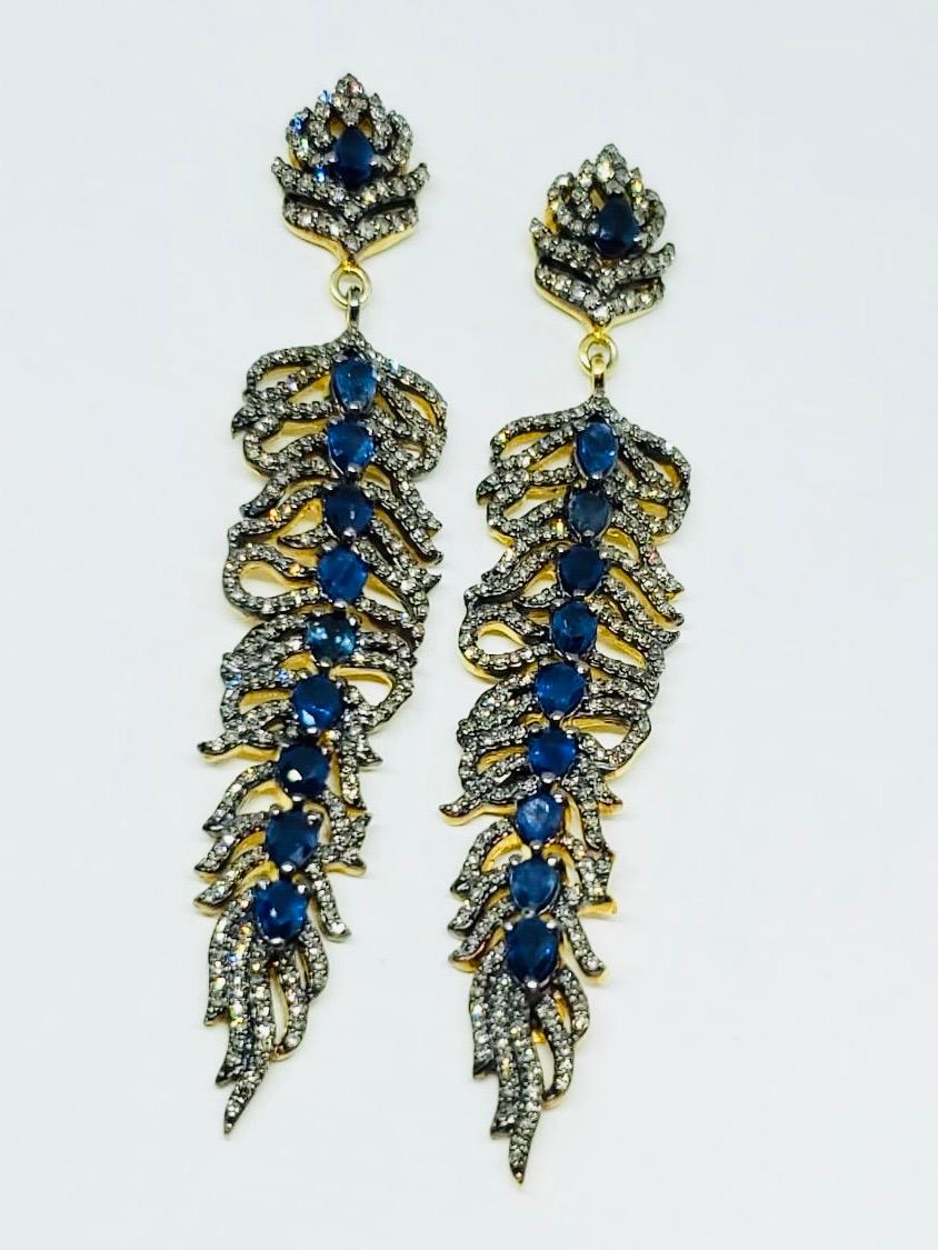 Art Nouveau Sapphire and Diamond Feather Earrings For Sale