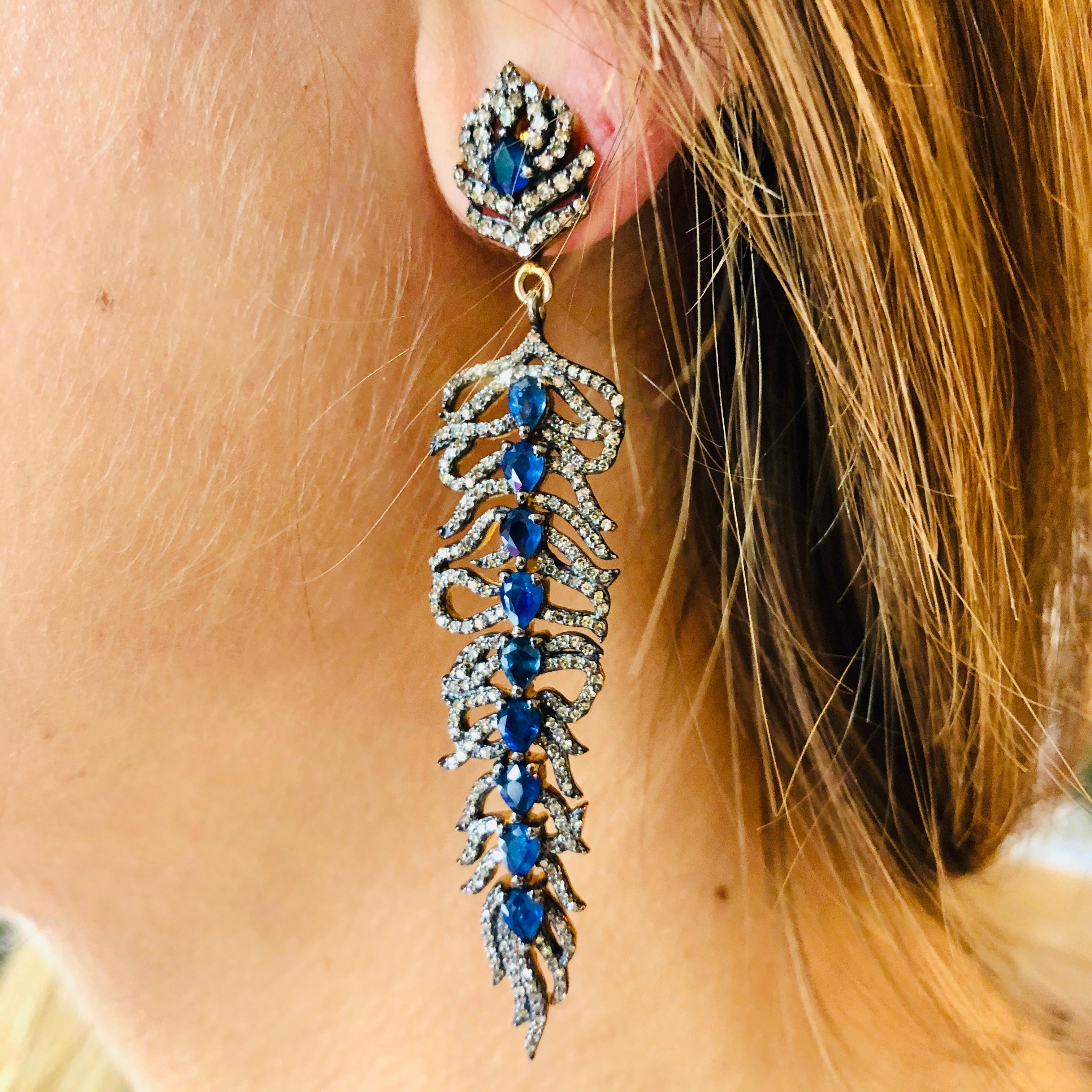 Women's Sapphire and Diamond Feather Earrings For Sale