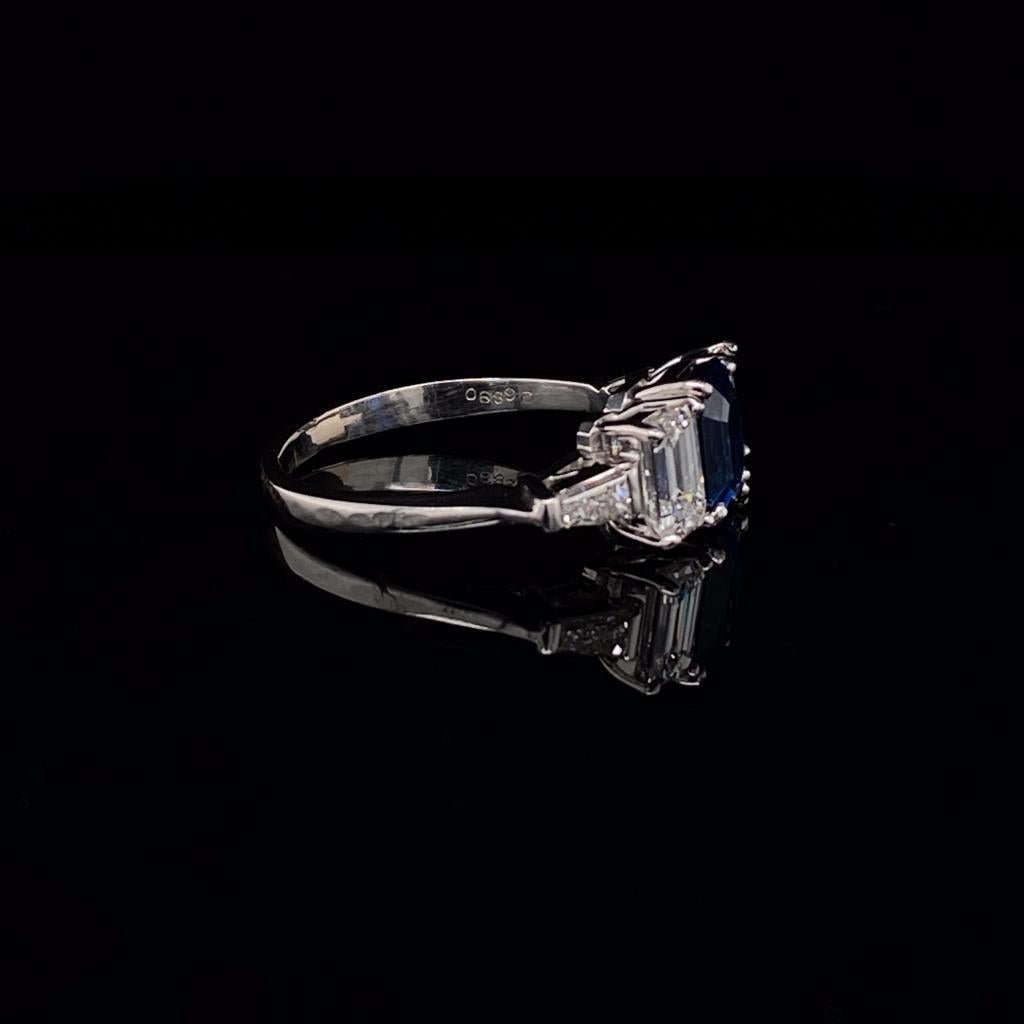 Emerald Cut Sapphire and Diamond Five-Stone 18 Karat White Gold Five-Stone Engagement Ring For Sale