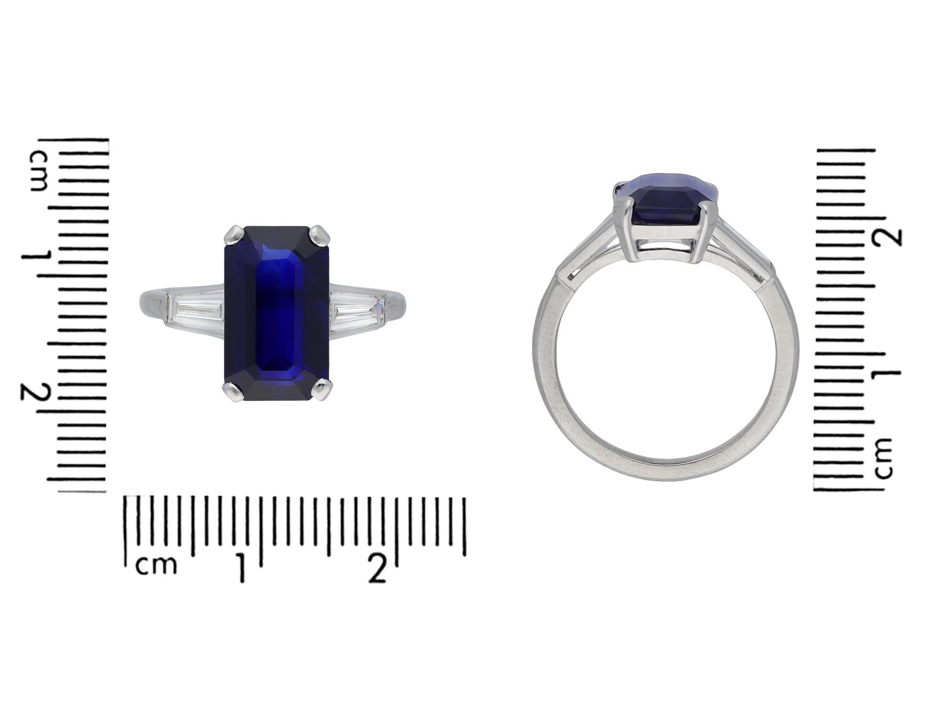 Baguette Cut Sapphire and Diamond Flanked Solitaire Ring, Circa 1950, English For Sale
