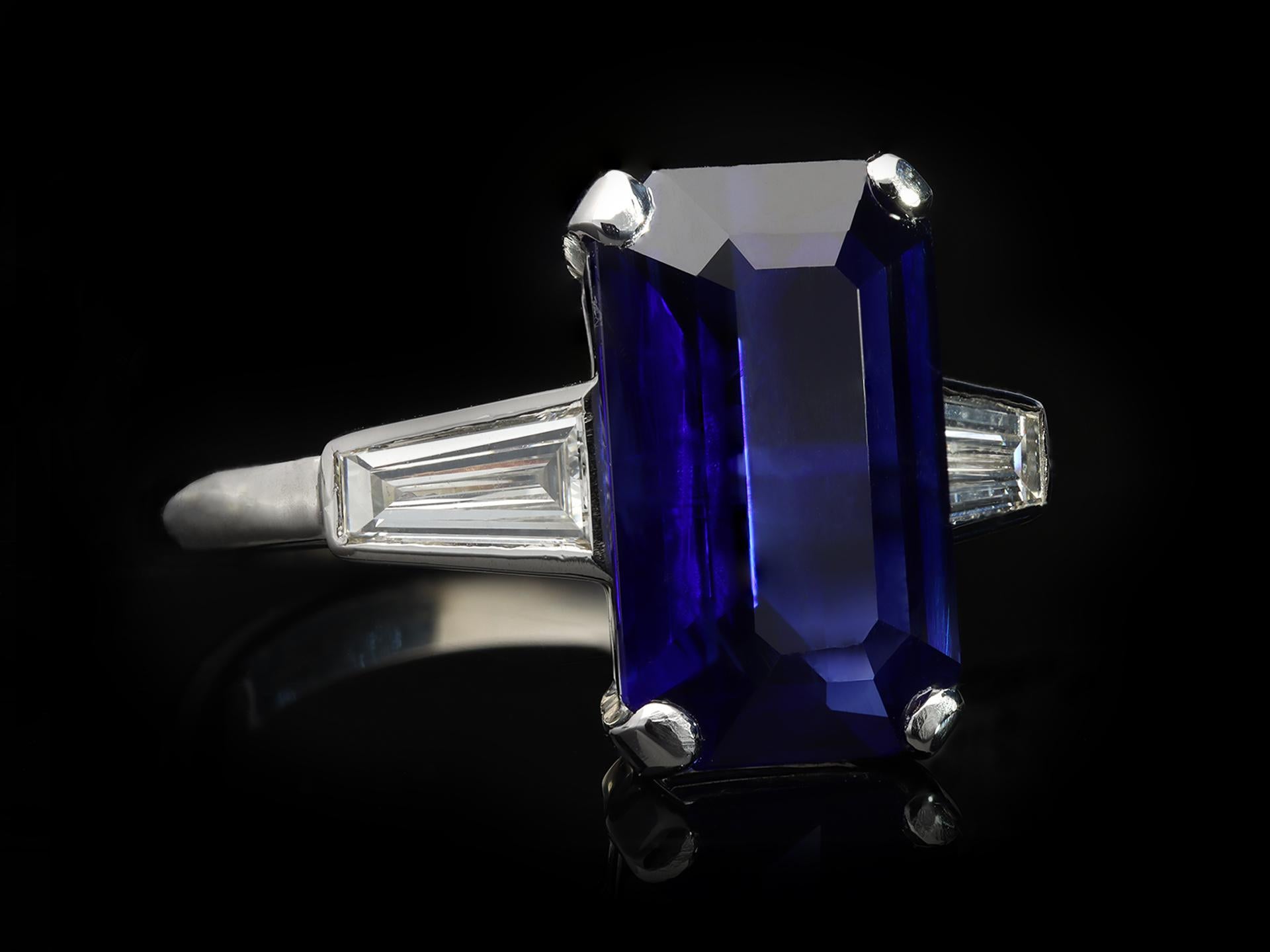 Women's Sapphire and Diamond Flanked Solitaire Ring, Circa 1950, English For Sale