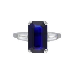 Sapphire and Diamond Flanked Solitaire Ring, English