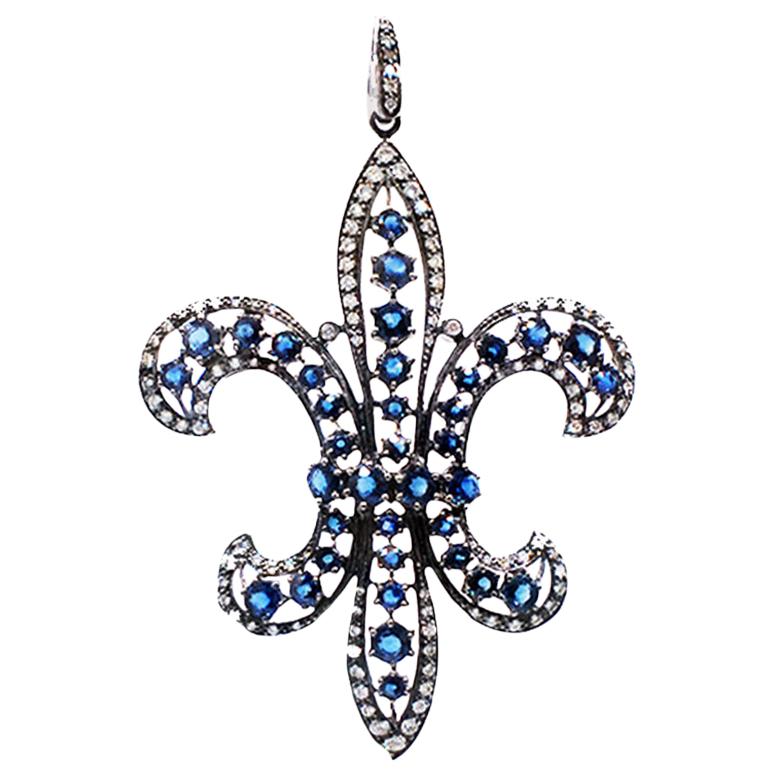 Sapphire and Diamond Fleur de Lis Pendant, Necklace 18 Karat and Chain