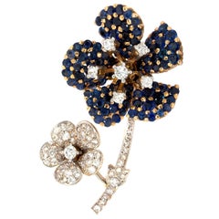 Sapphire and Diamond Floral 18 Karat  Gold Brooch