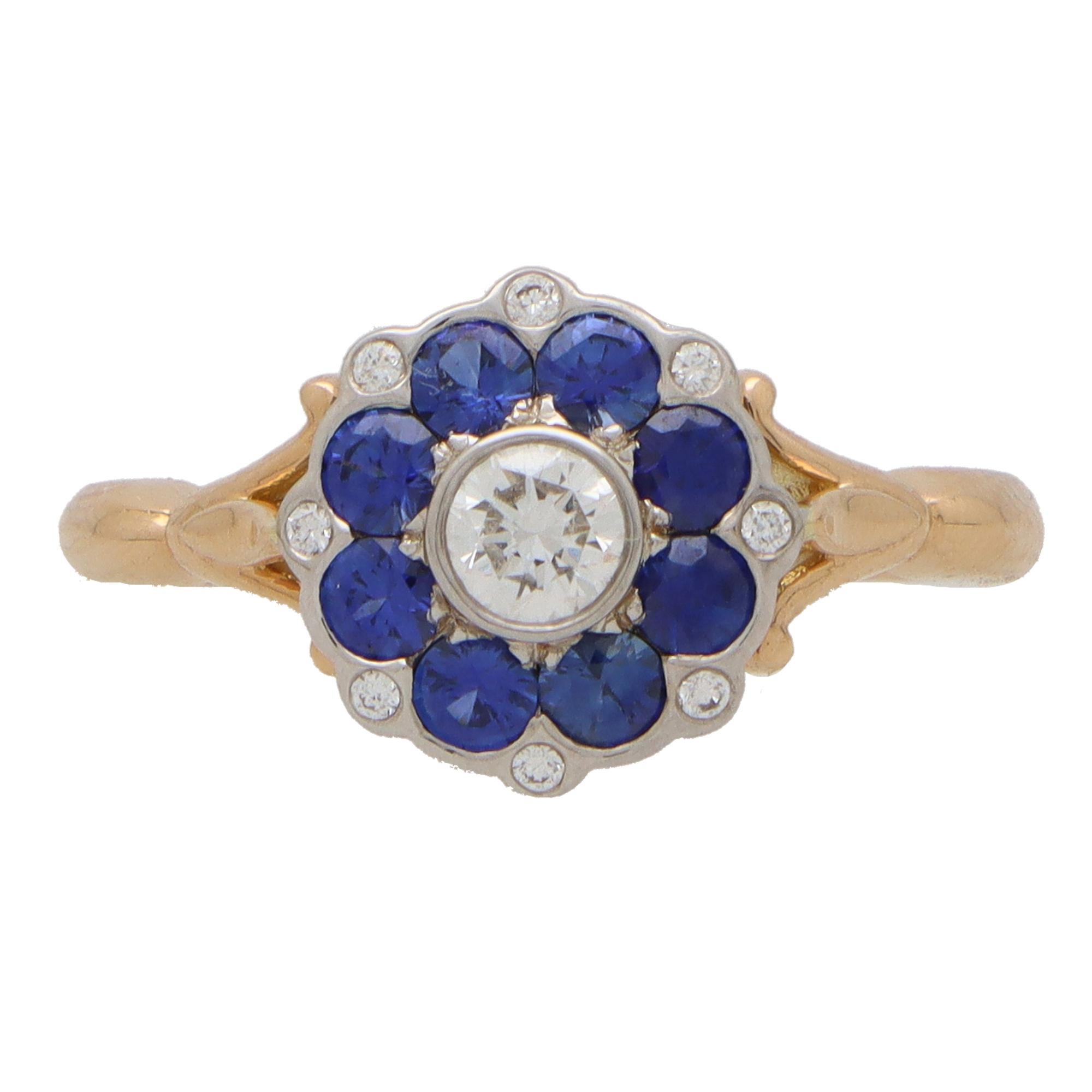 Modern Sapphire and Diamond Floral Cluster Ring in 18k Rose and White Gold