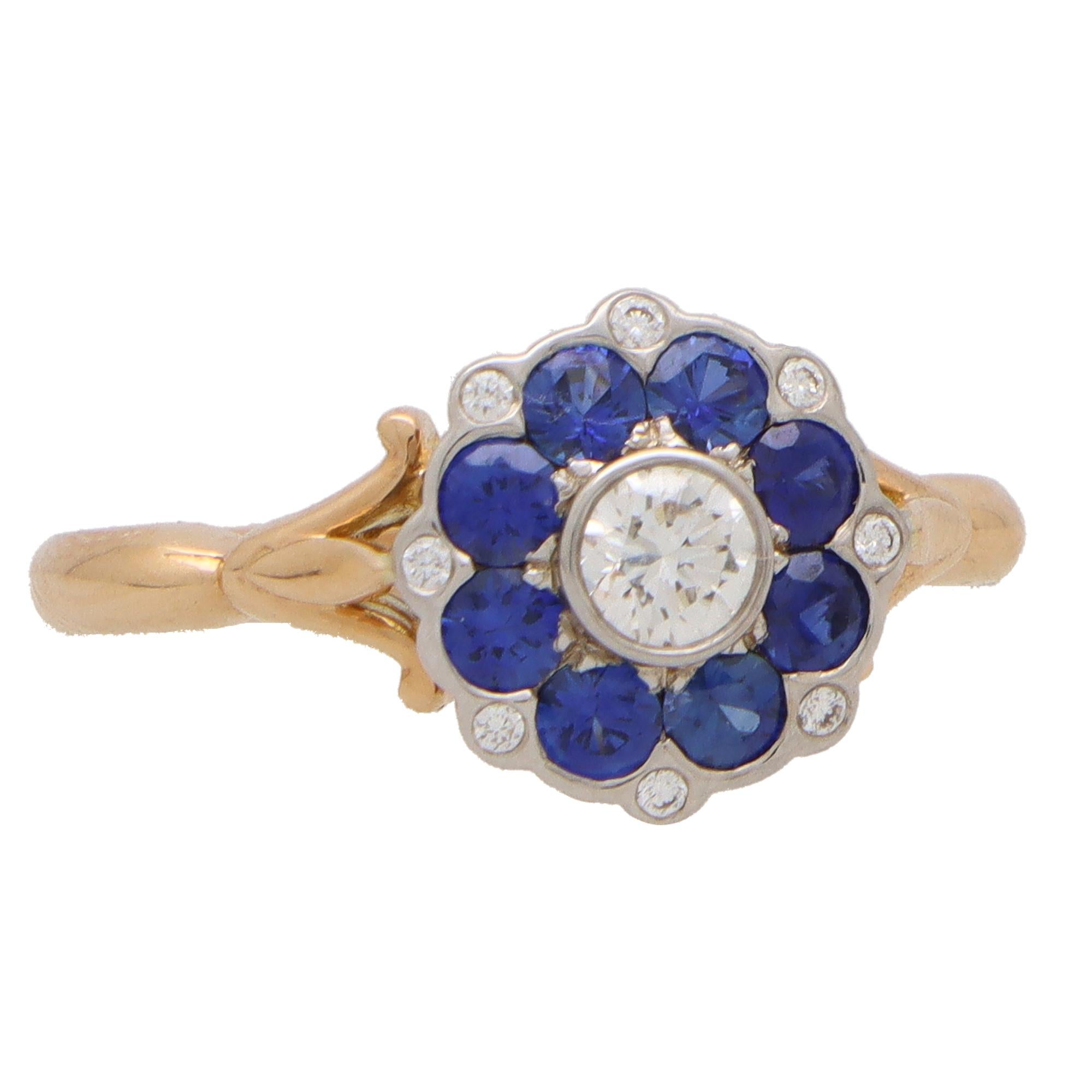 Round Cut Sapphire and Diamond Floral Cluster Ring in 18k Rose and White Gold