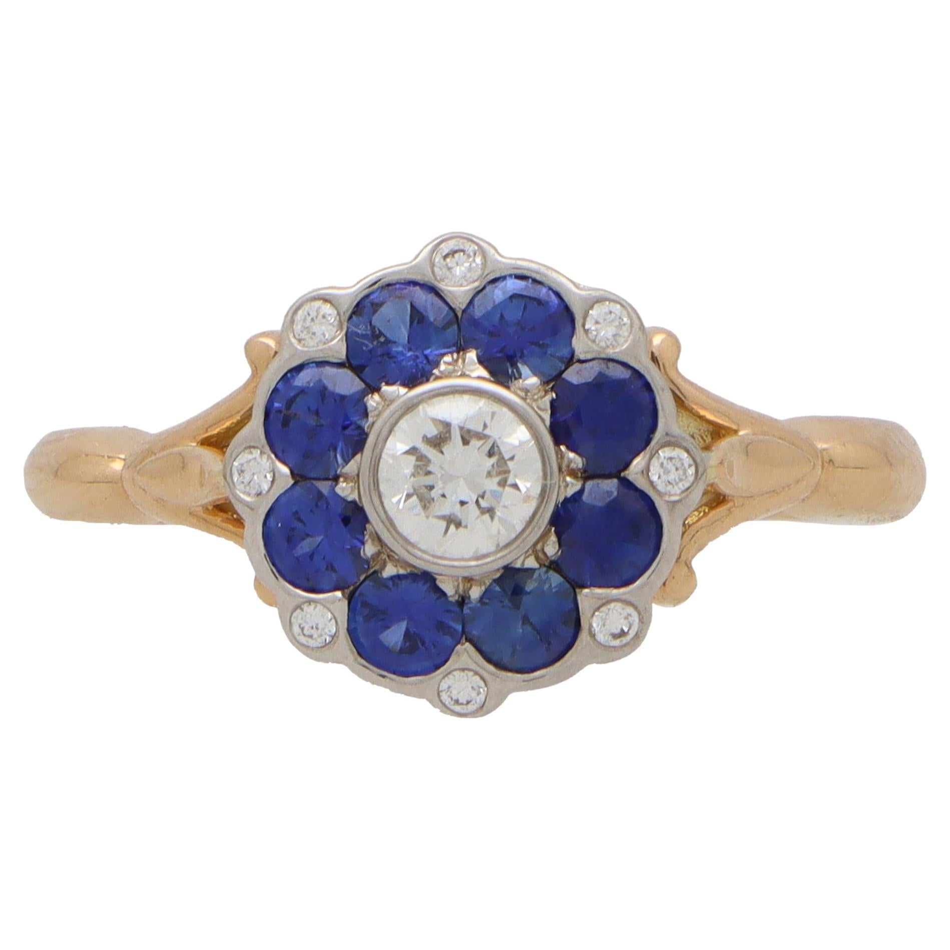 Sapphire and Diamond Floral Cluster Ring in 18k Rose and White Gold