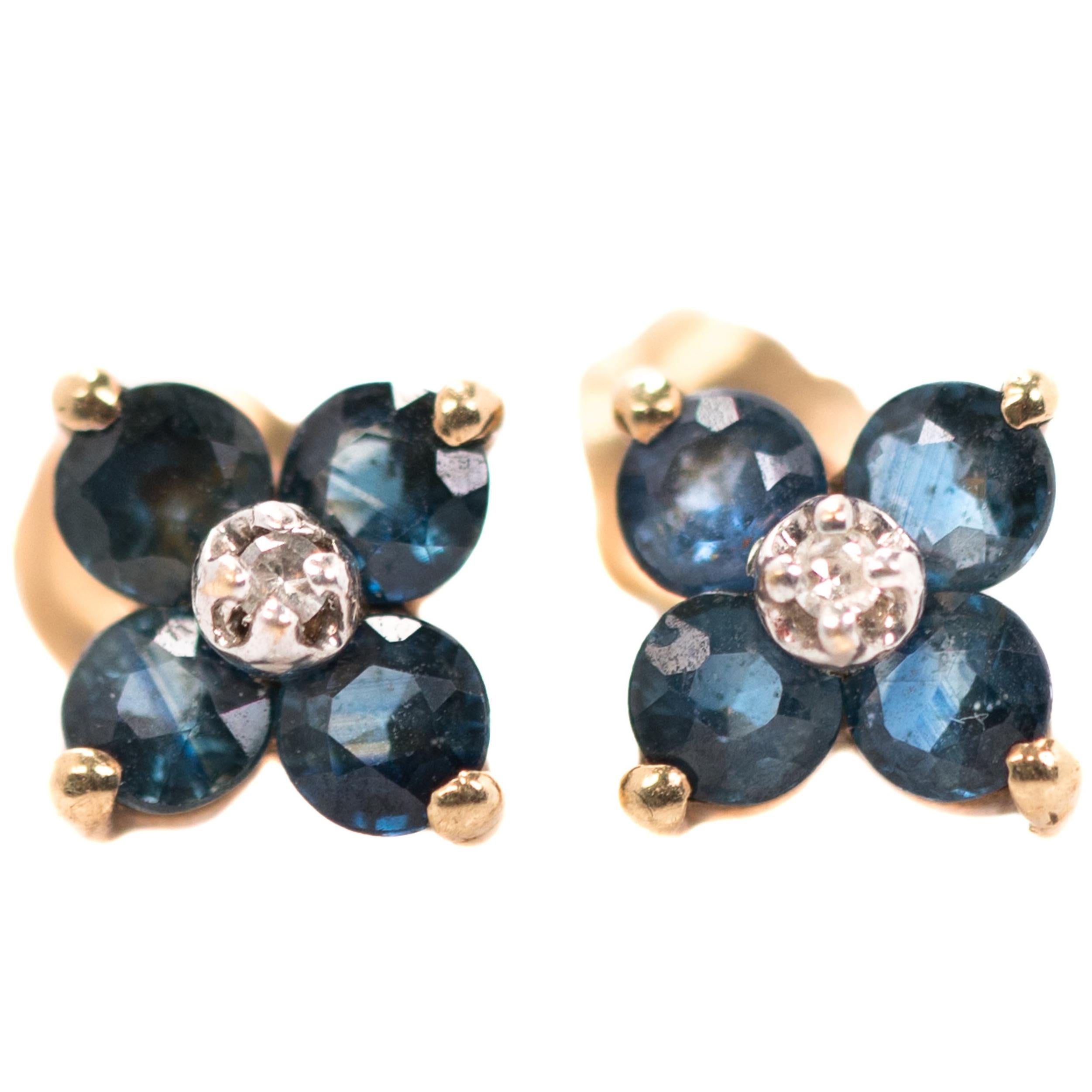 Sapphire and Diamond Floral Stud Earrings in 14 Karat Yellow Gold, White Gold