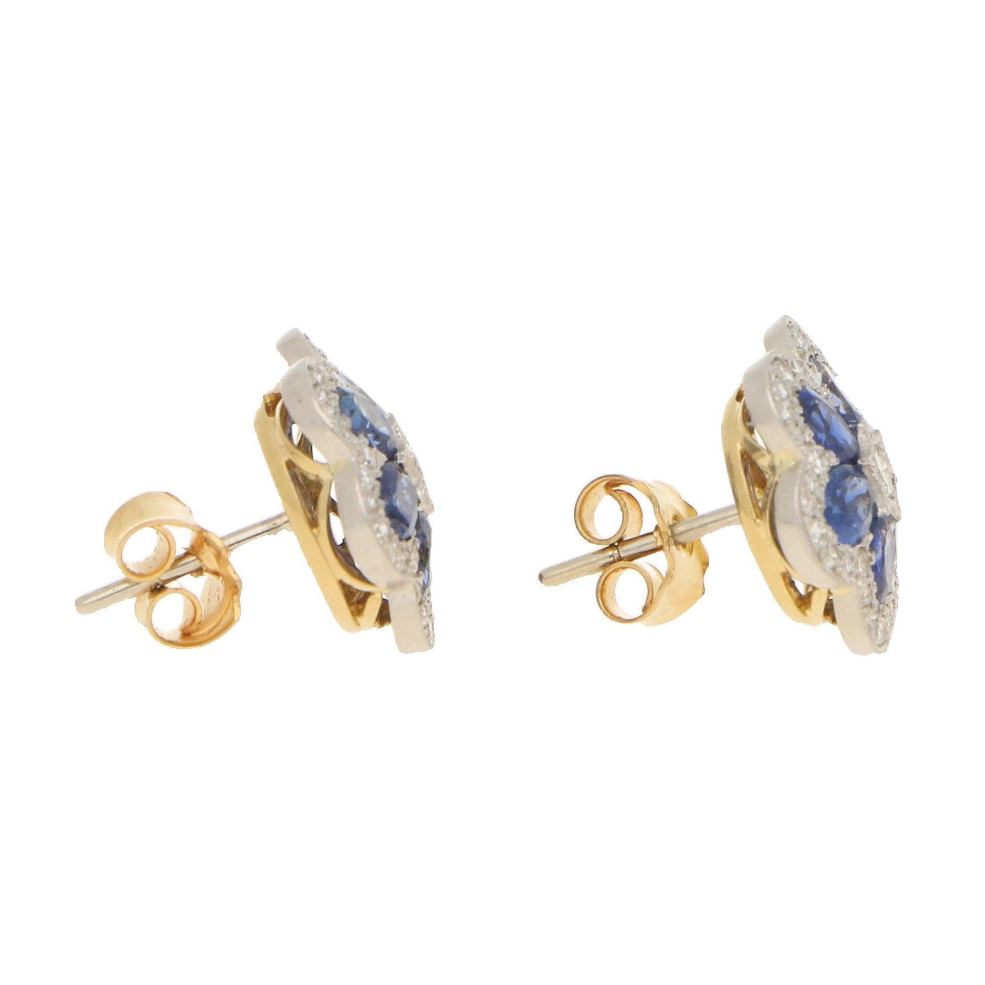 Revival Sapphire and Diamond Floral Stud Earrings Yellow and White Gold