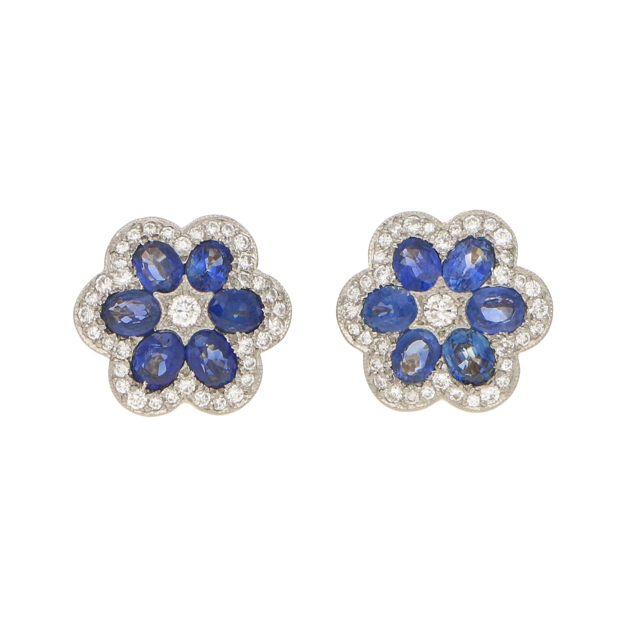 9ct Gold Blue Sapphire Flower Daisy Cluster Stud Earrings
