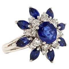 Vintage Sapphire and Diamond Flower Cocktail Ring in 14 Karat Gold 4.20 Carats Total