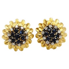 Sapphire and Diamond Flower Dome Pierced Earrings 14 Karat Yellow Gold