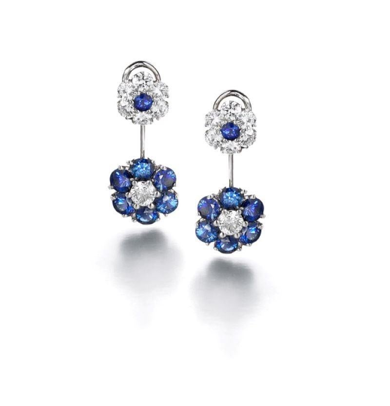 Auction - Saphir- und Diamant-Blumen-Tropfen-Ohrringe (Rundschliff) im Angebot