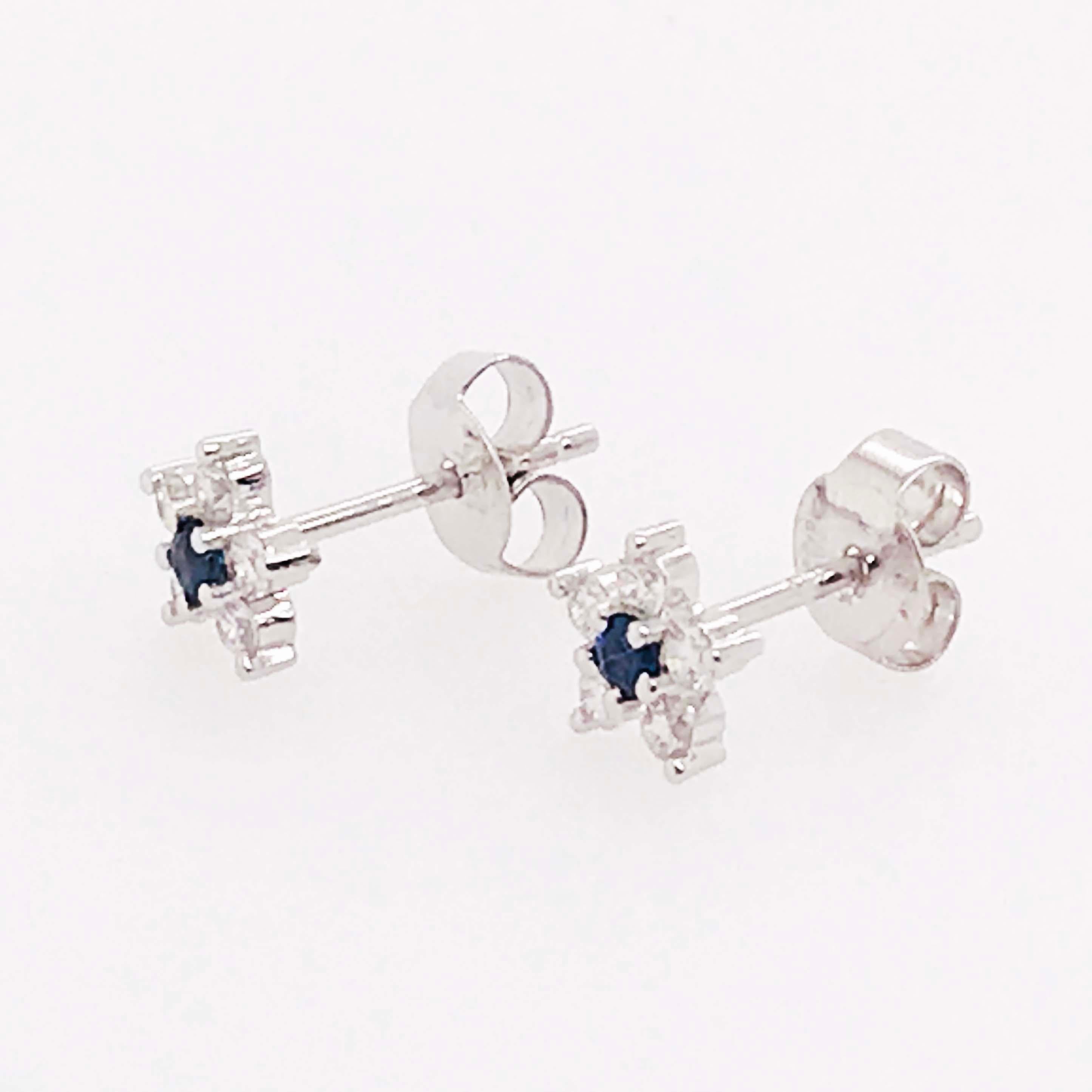 Artisan Sapphire and Diamond Flower Earrings, Blue Sapphire and Diamond Dainty Stud Ear