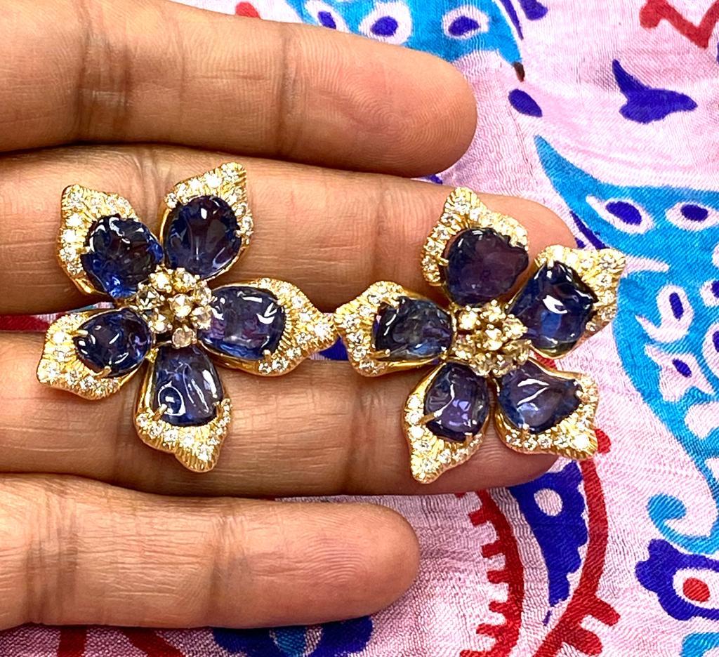 Mixed Cut Goshwara Sapphire and Diamond Flower Earrings For Sale