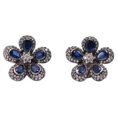 Sapphire and Diamond Flower Earrings in 18k White Gold