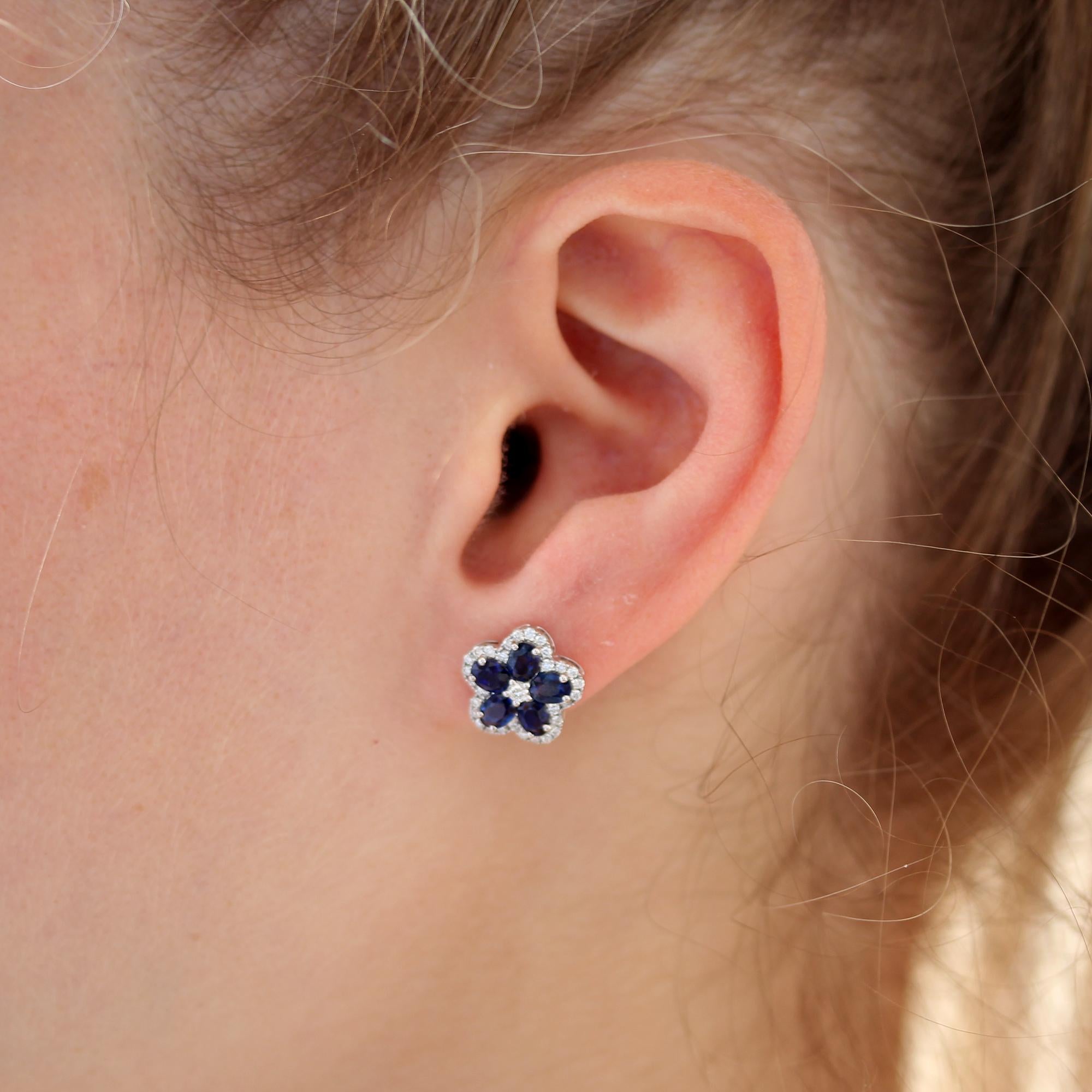 Oval Cut Sapphire and Diamond Flower Earrings Set in 18K For Sale