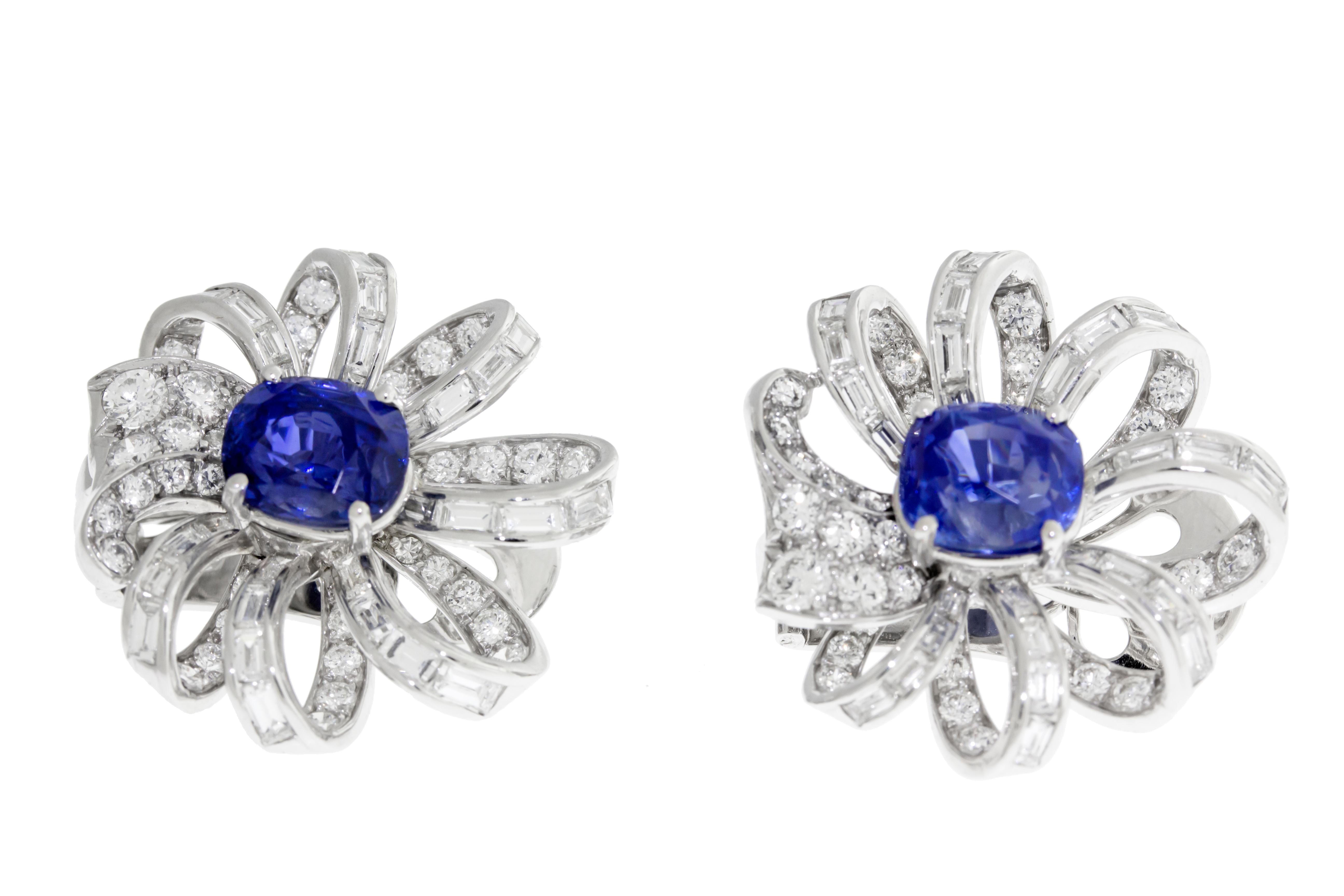 Modern Sapphire and Diamond Flower Earrings Set in Platimim For Sale