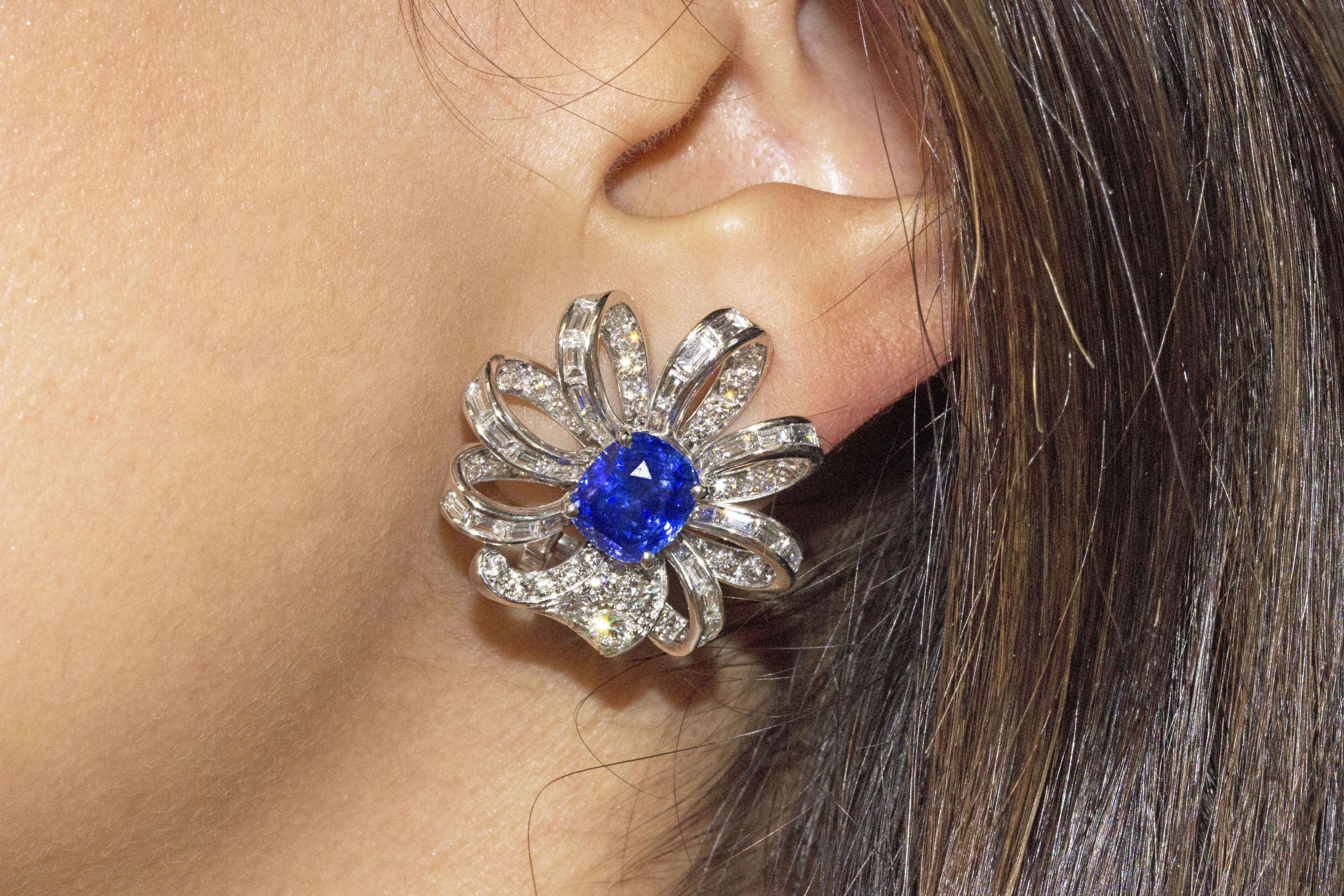 Women's Sapphire and Diamond Flower Earrings Set in Platimim For Sale