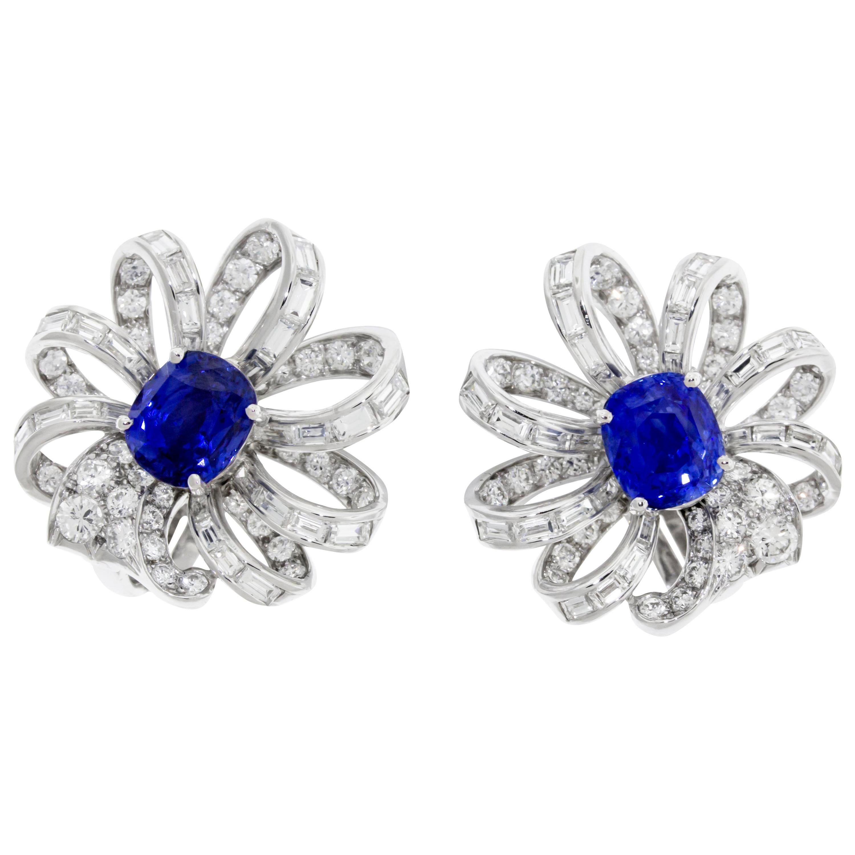 Sapphire and Diamond Flower Earrings Set in Platimim For Sale