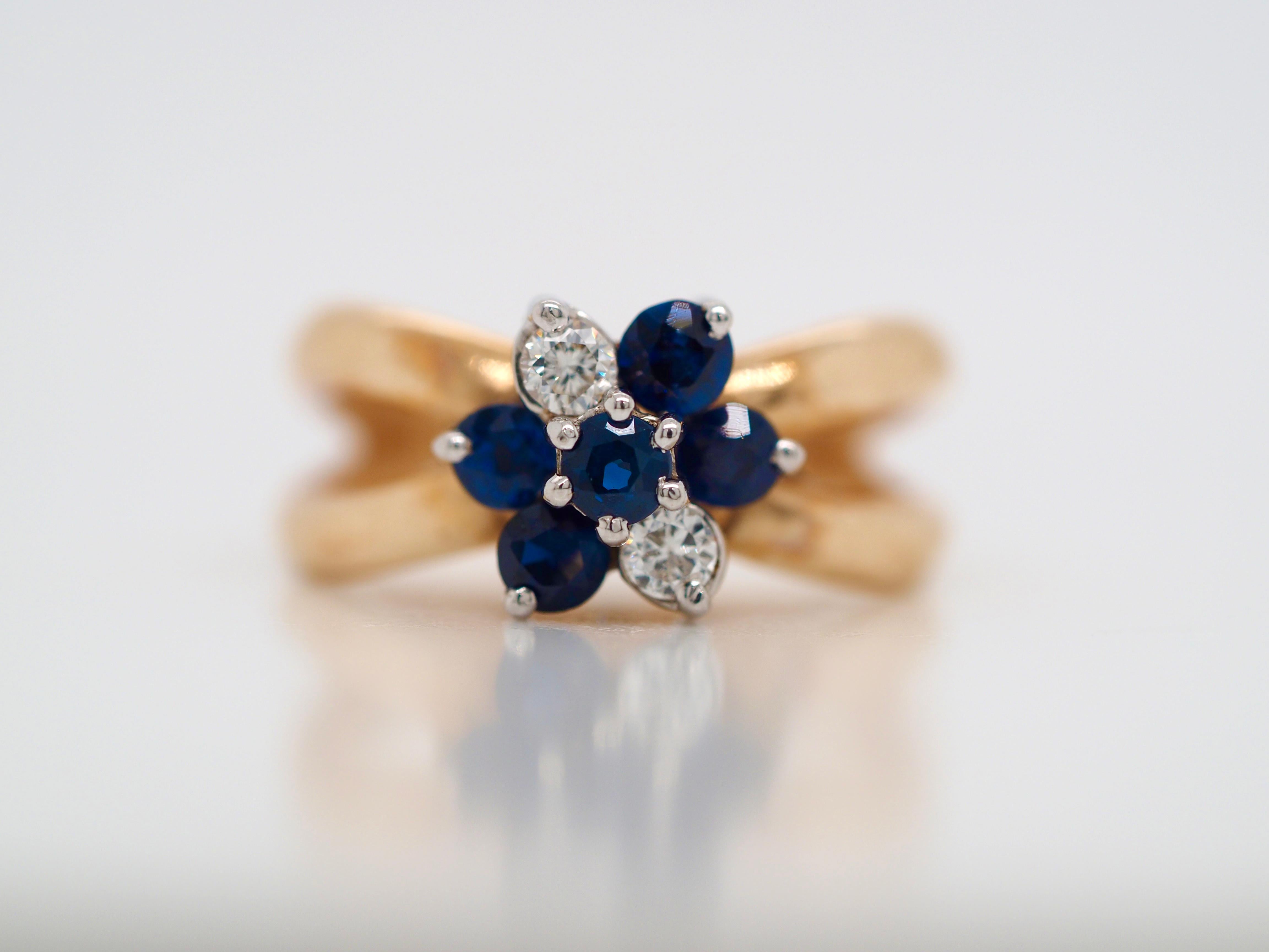 Sapphire and Diamond Flower Halo Crossover Retro Ring in 14 Karat Yellow Gold For Sale 5