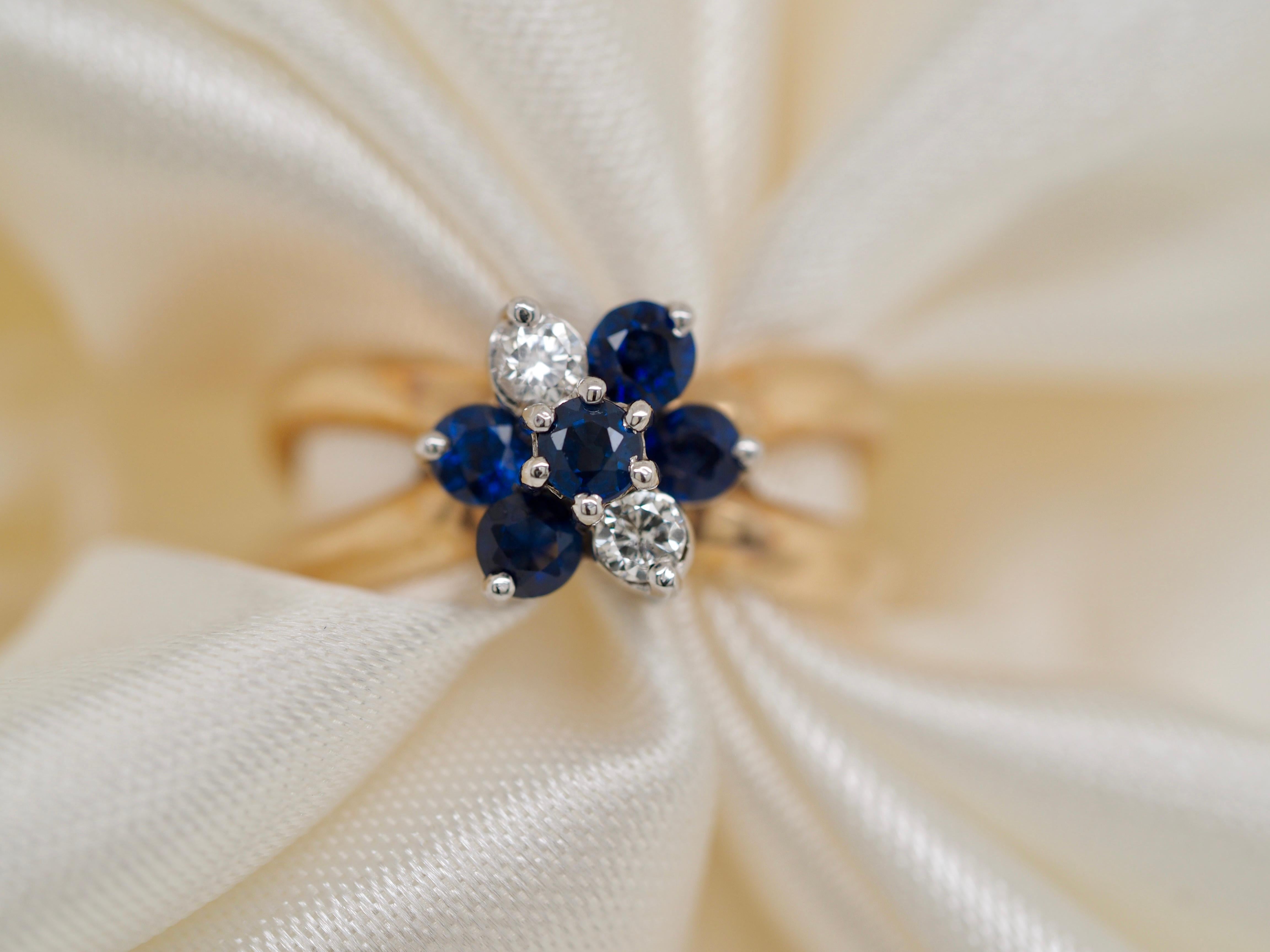 Sapphire and Diamond Flower Halo Crossover Retro Ring in 14 Karat Yellow Gold For Sale 1