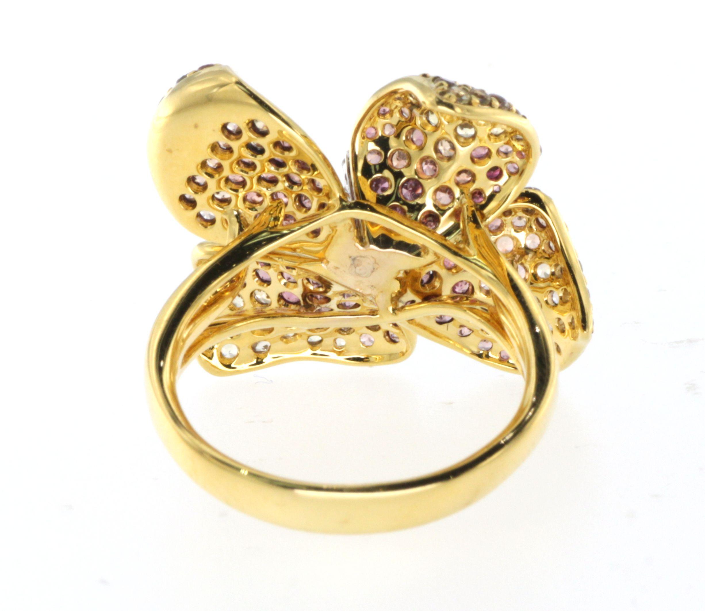 Contemporary Sapphire and Diamond Flower Ring in 18K Yellow Gold