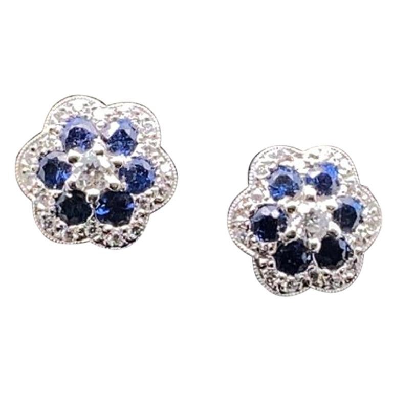 Sapphire and Diamond Flower Stud Earrings, in 18 Karat White and Yellow Gold For Sale