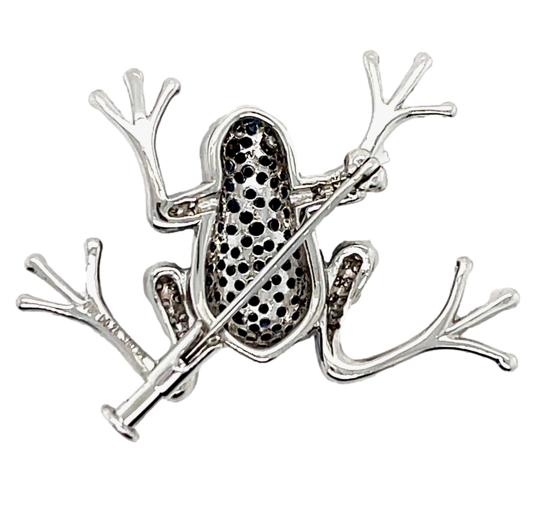 Brilliant Cut Sapphire and Diamond Frog Brooch in 18KW Gold For Sale