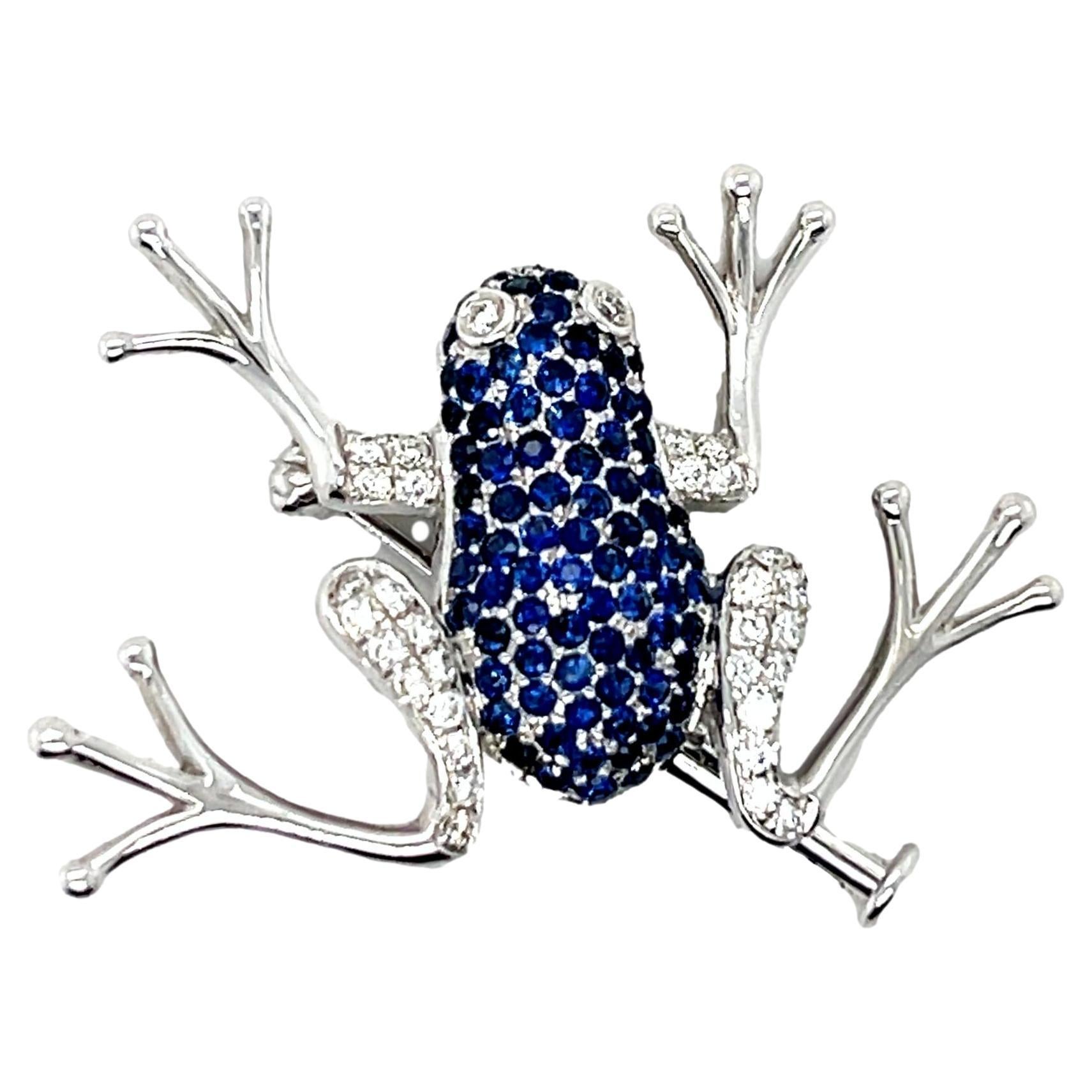 Sapphire and Diamond Frog Brooch in 18KW Gold For Sale