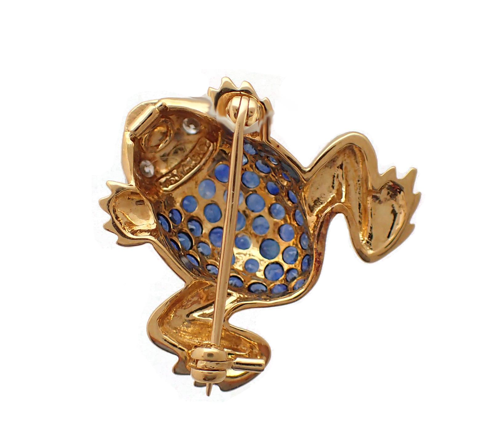 A fun and beautiful piece, this frog pin contains a body containing 1.20ct of round blue sapphires. Additionally, two round brilliant diamonds make the eyes (0.05ct ea., G color, VS clarity). Set in 18K yellow gold, this article will enhance any pin