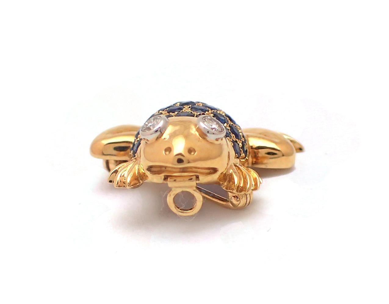 Contemporary Sapphire and Diamond Frog Pin in 18 Karat Yellow Gold For Sale