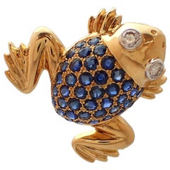 Sapphire and Diamond Frog Pin in 18 Karat Yellow Gold