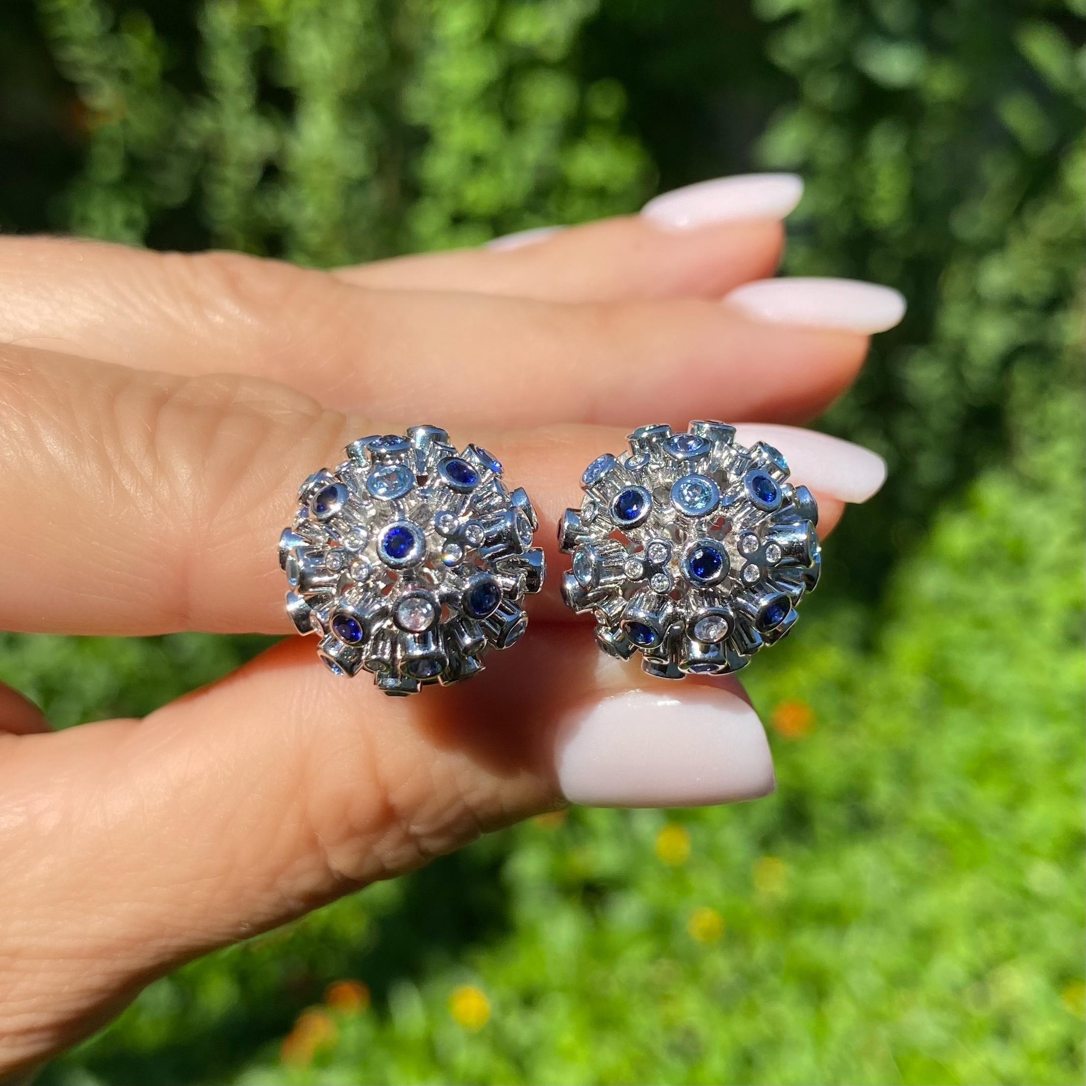 Beautiful and Stylish Dome Cluster Earrings. Unique design. Each earring securely set with Sapphires and 0.08tcw Diamonds. Hand crafted 18K White Gold mounting. Post and Clip system. Approx. dimensions: 0.67” diameter x 0.58” high. Classic and