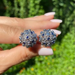 Sapphire and Diamond Gold Dome Cluster Earrings Estate Fine Jewelry