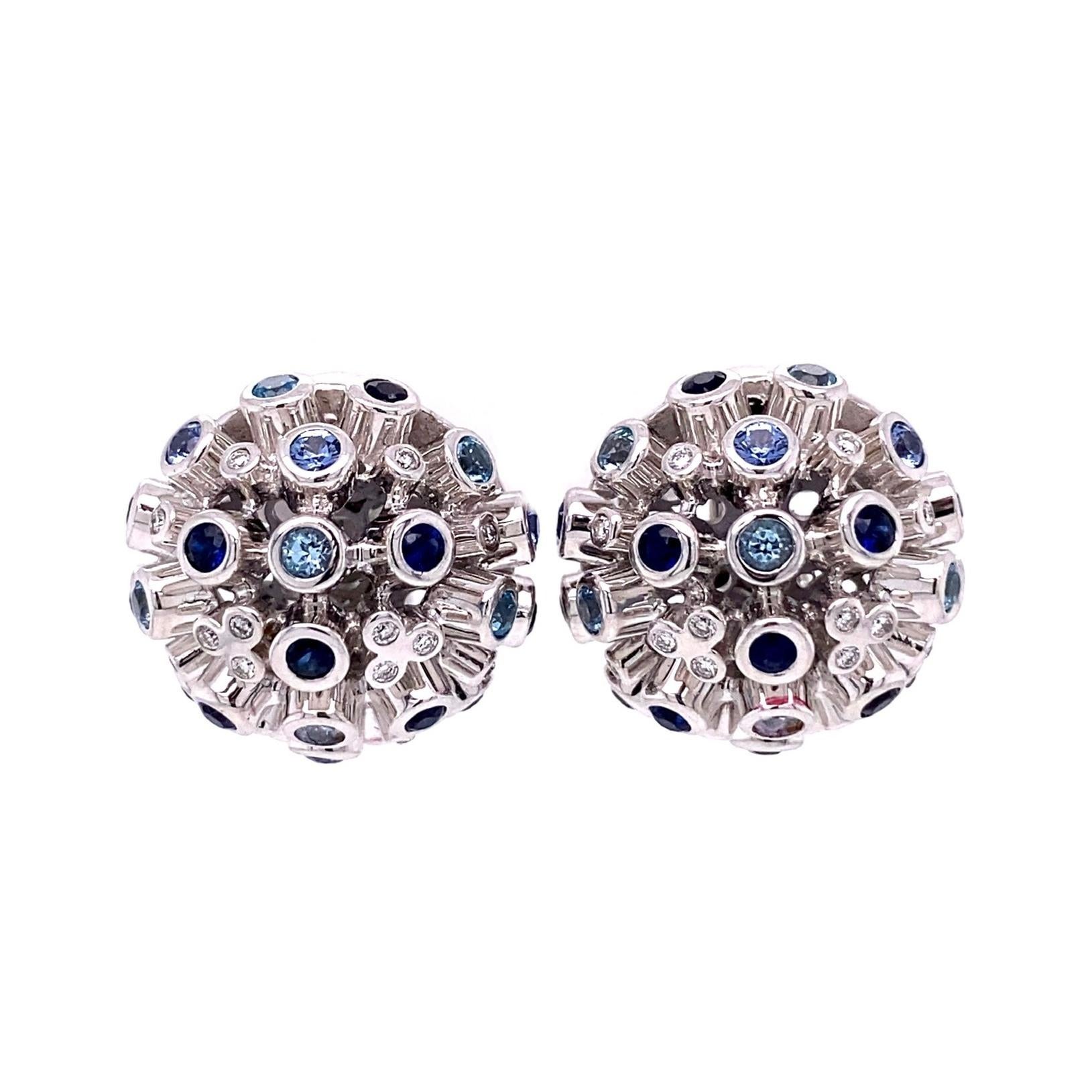 Sapphire and Diamond Gold Dome Cluster Earrings Estate Fine Jewelry