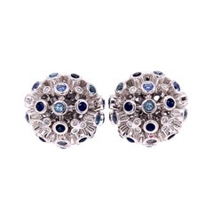 Sapphire and Diamond Gold Dome Cluster Earrings Estate Fine Jewelry