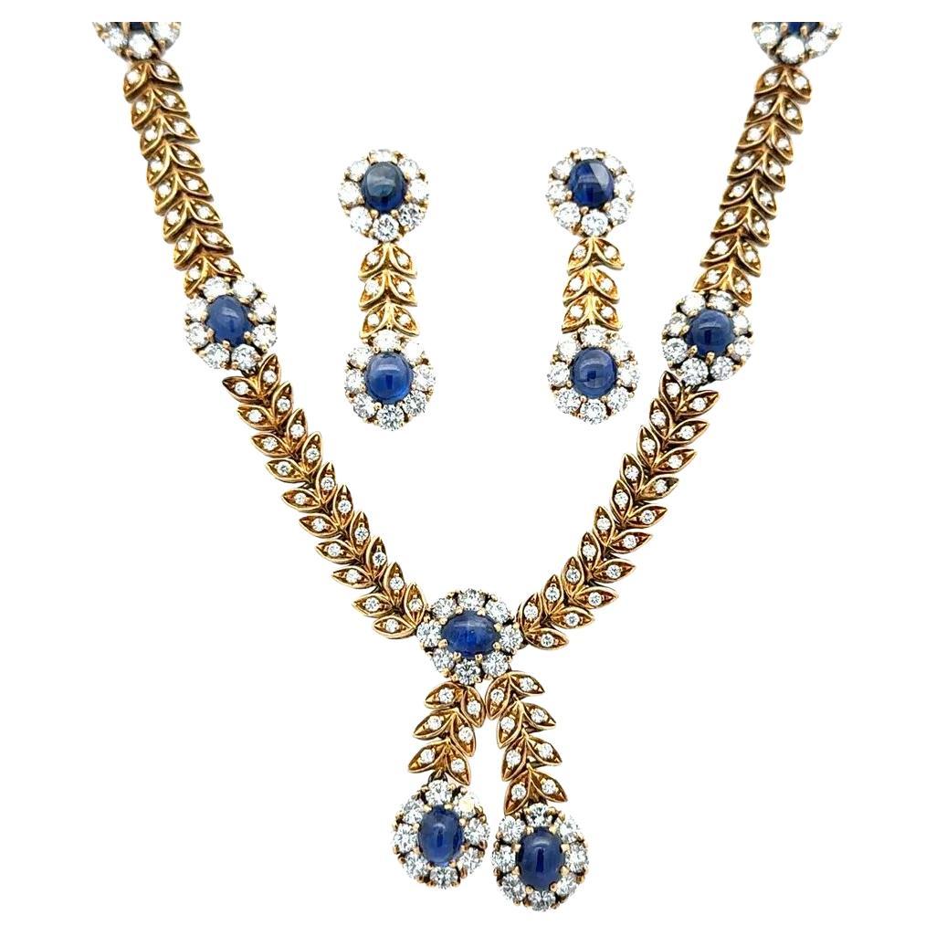 Sapphire and Diamond Gold Link Necklace and Matching Earrings For Sale
