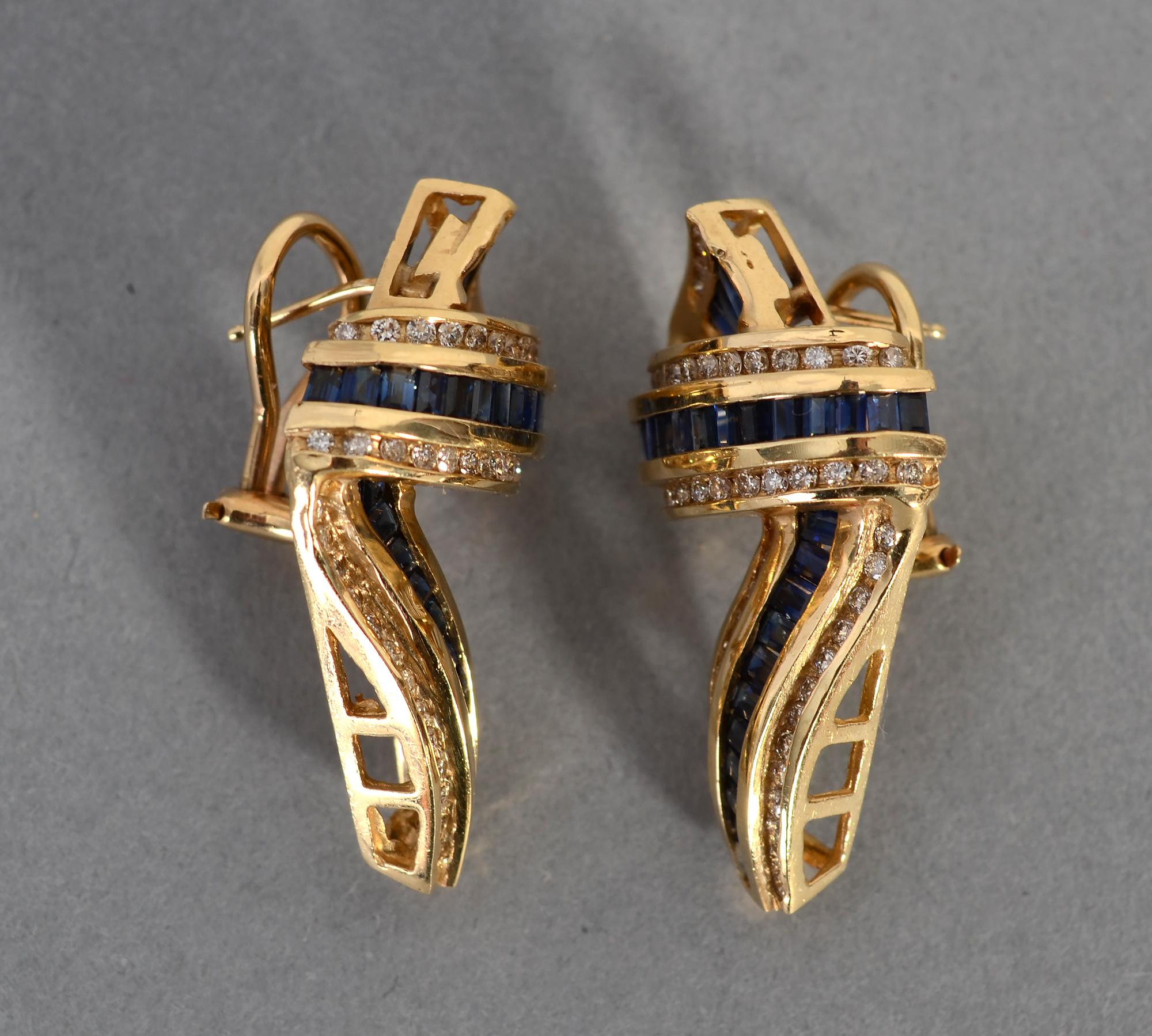 Modern Sapphire and Diamond Gold Ribbon Earrings