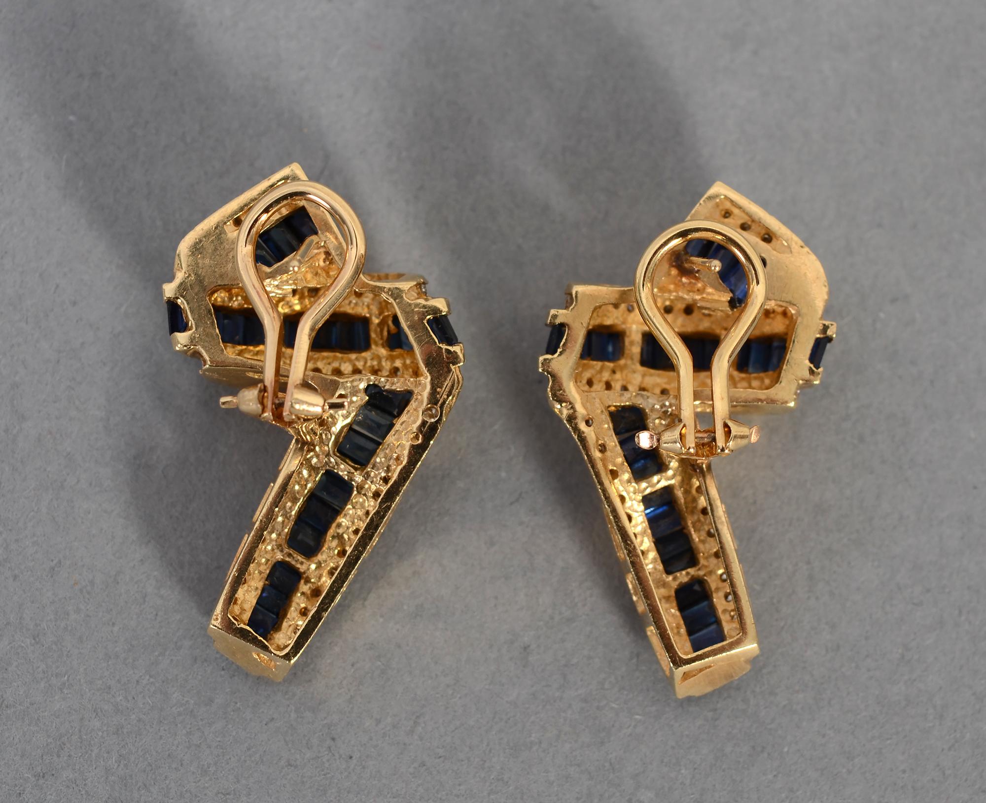 Round Cut Sapphire and Diamond Gold Ribbon Earrings