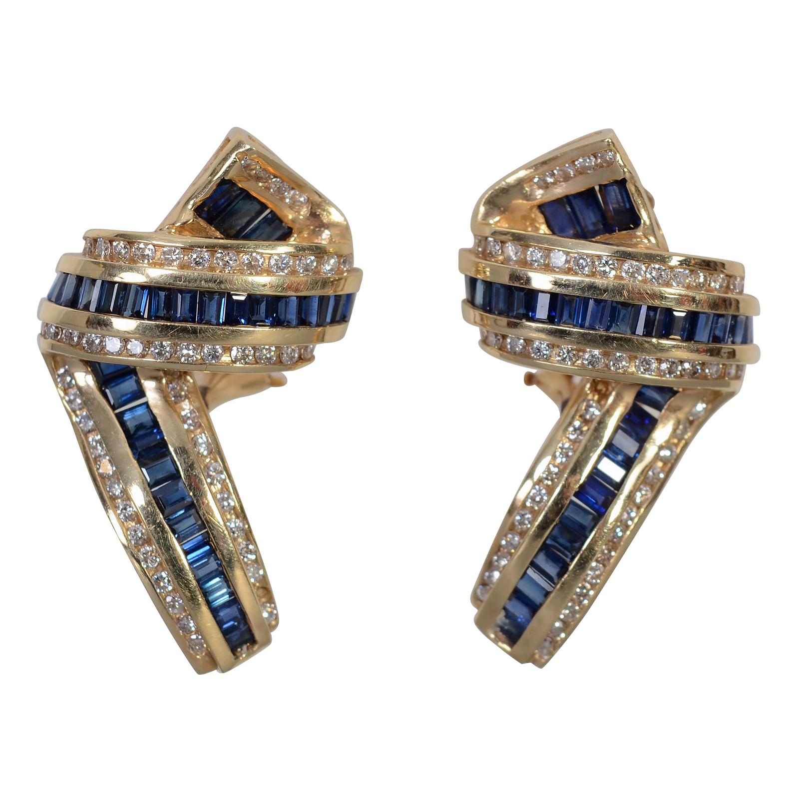 Sapphire and Diamond Gold Ribbon Earrings For Sale