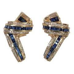Retro Sapphire and Diamond Gold Ribbon Earrings