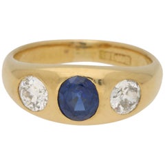 Antique Sapphire and Diamond Gypsy Dress / Engagement Ring in 18 Karat Yellow Gold