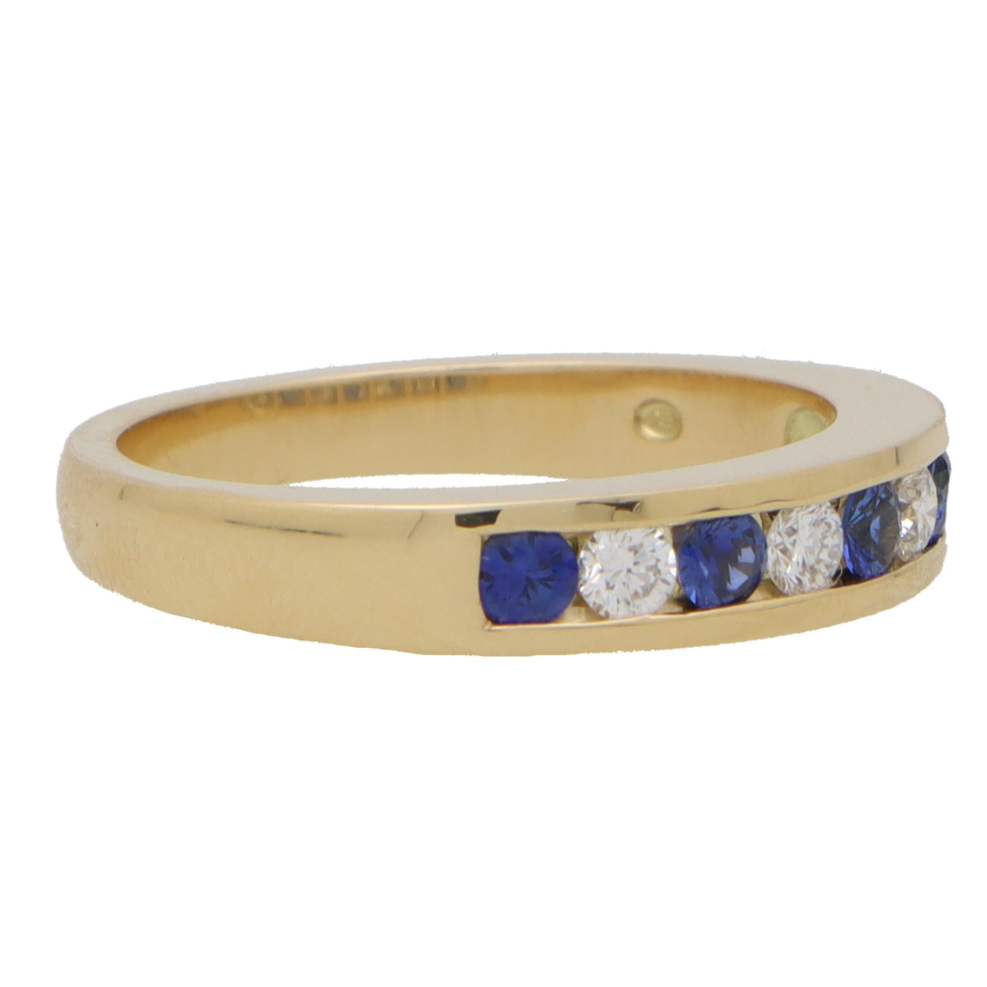 Modern Sapphire and Diamond Half Eternity Band Ring in 18k Yellow Gold For Sale