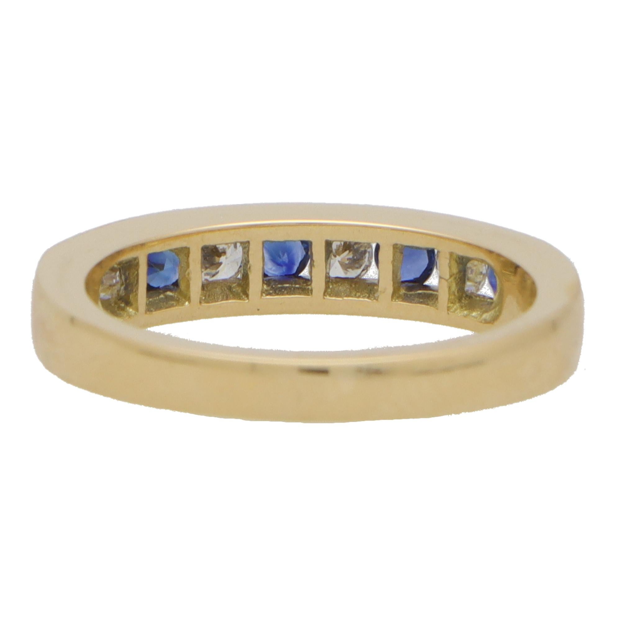 Round Cut Sapphire and Diamond Half Eternity Band Ring in 18k Yellow Gold For Sale